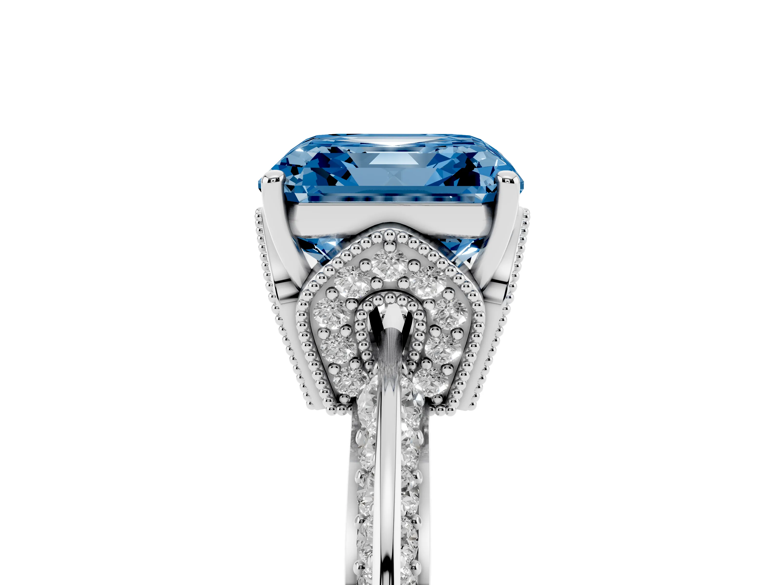Fancy Blue Asscher Cut Diamond Solitaire Engagement Ring Set in Platinum with Pavé Split Shank and Prong Setting