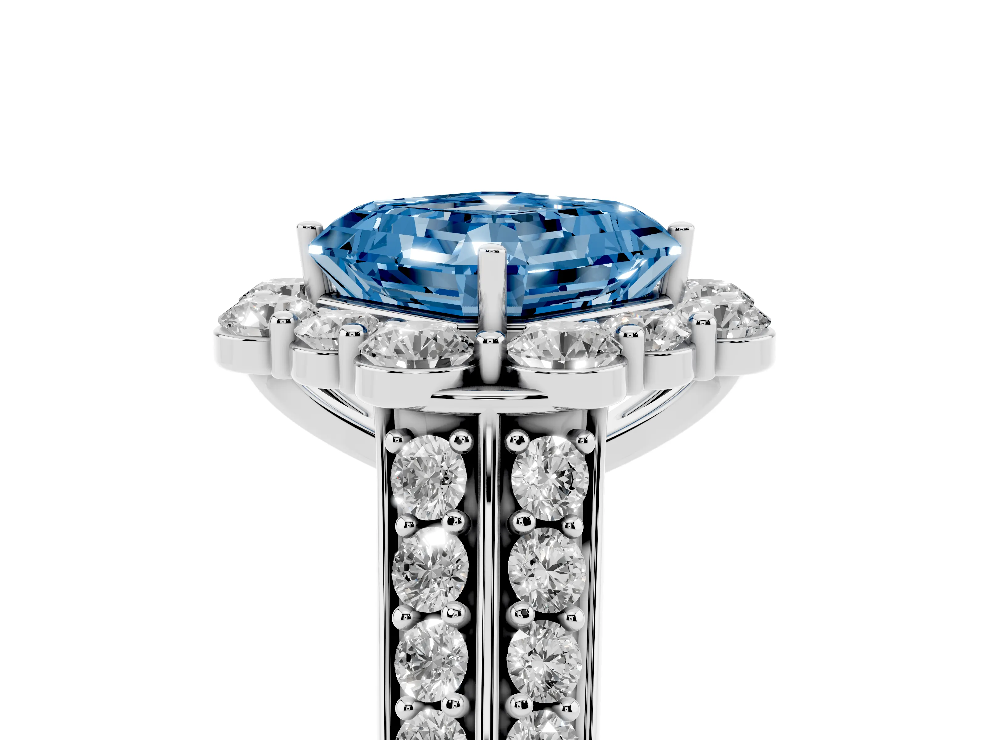 Fancy Blue Asscher Cut Diamond Halo Engagement Ring Set in Silver with Split Shank and Prong Setting