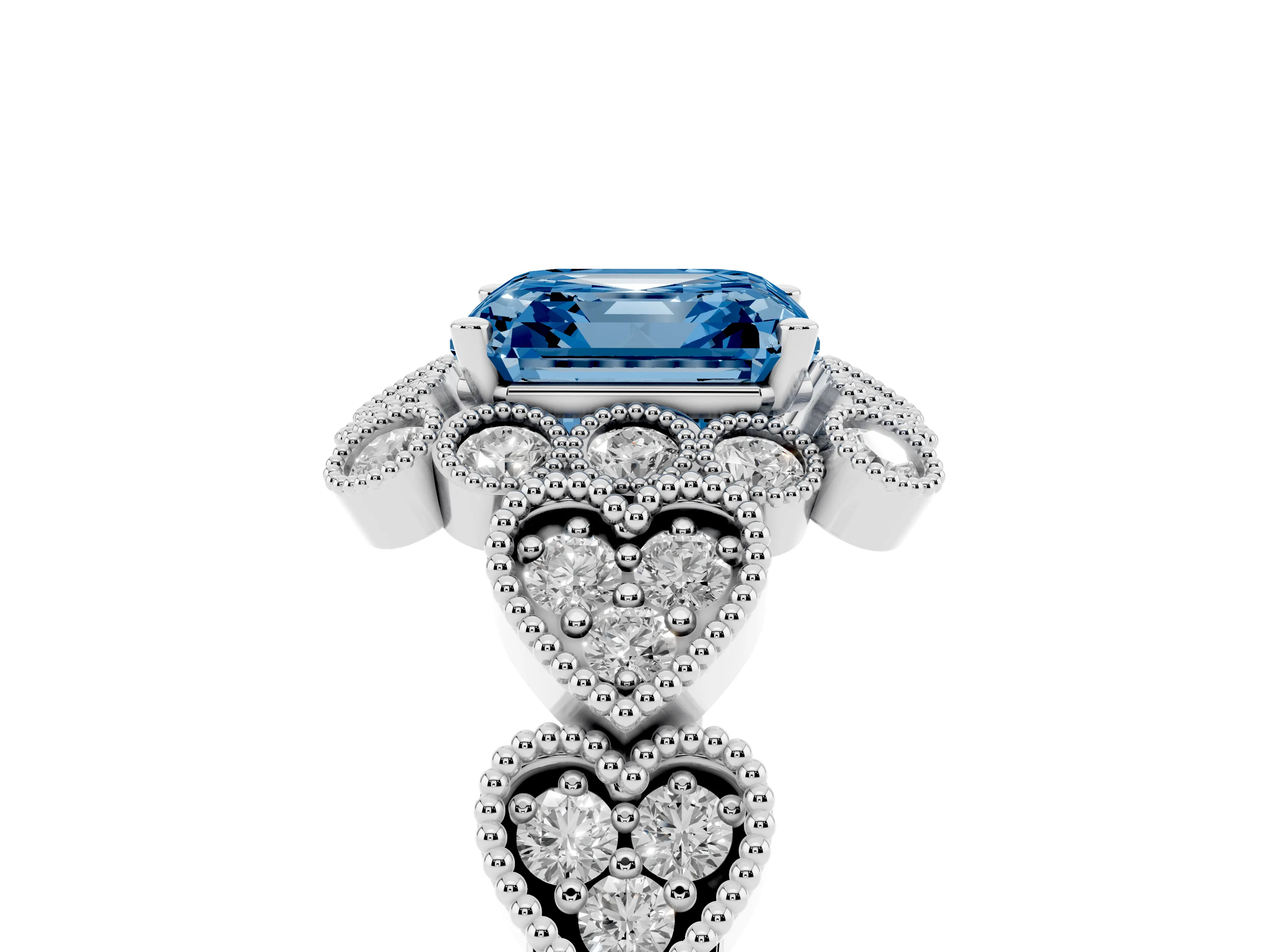 Fancy Blue Asscher Cut Diamond Solitaire Ring Set in Platinum with Milgrain Pavé Heart Band