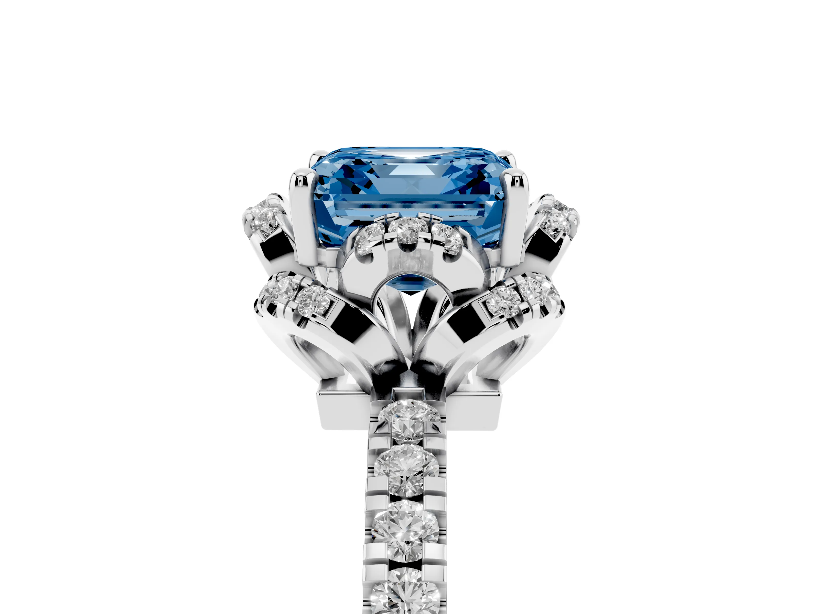 Fancy Blue Asscher Cut Diamond Halo Pavé Ring Set in White gold with Prong-Held Center Stone