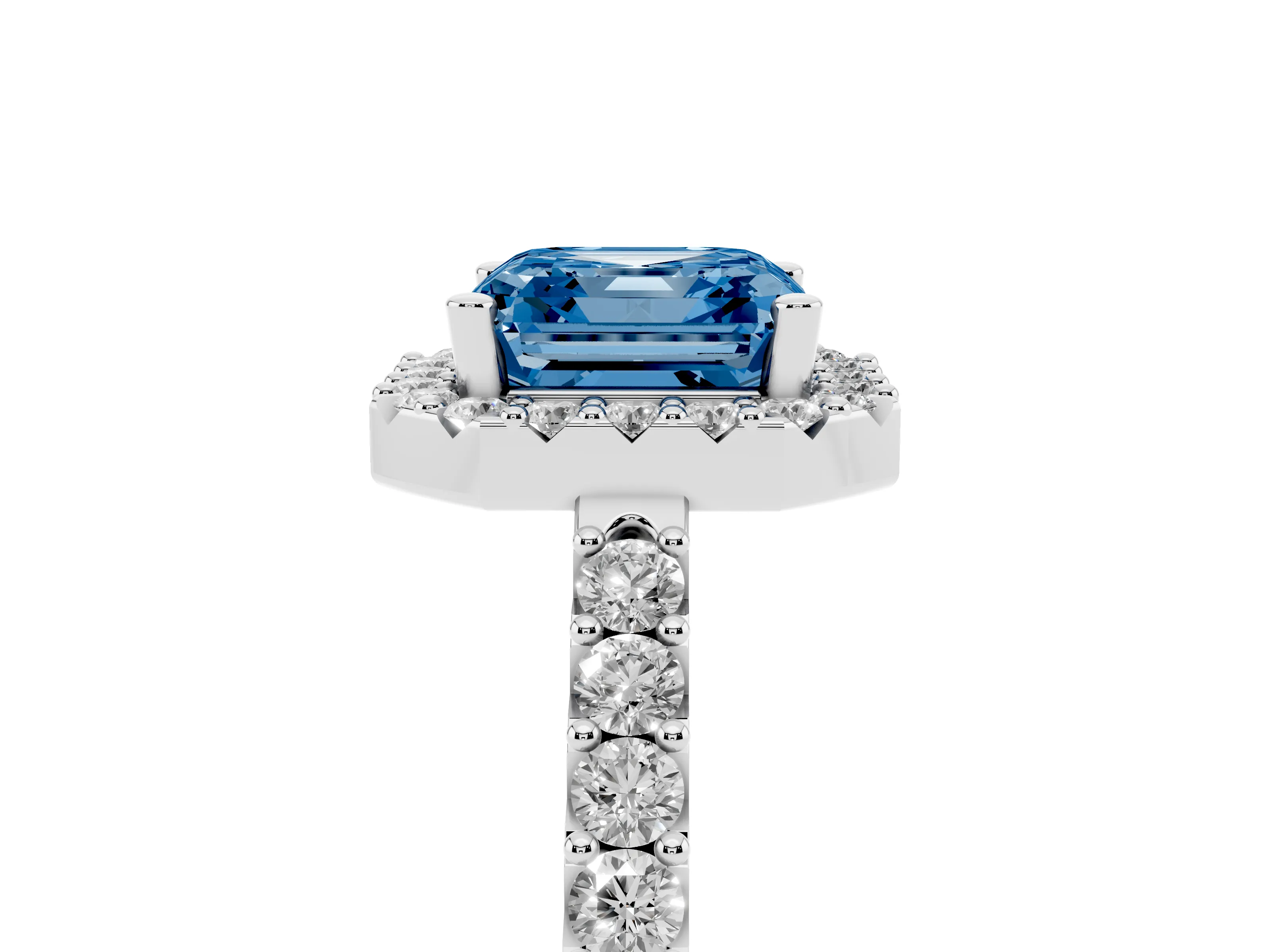 Fancy Blue Asscher Cut Diamond Halo Pavé Solitaire Ring Set in Platinum with Prong-Set Center Stone