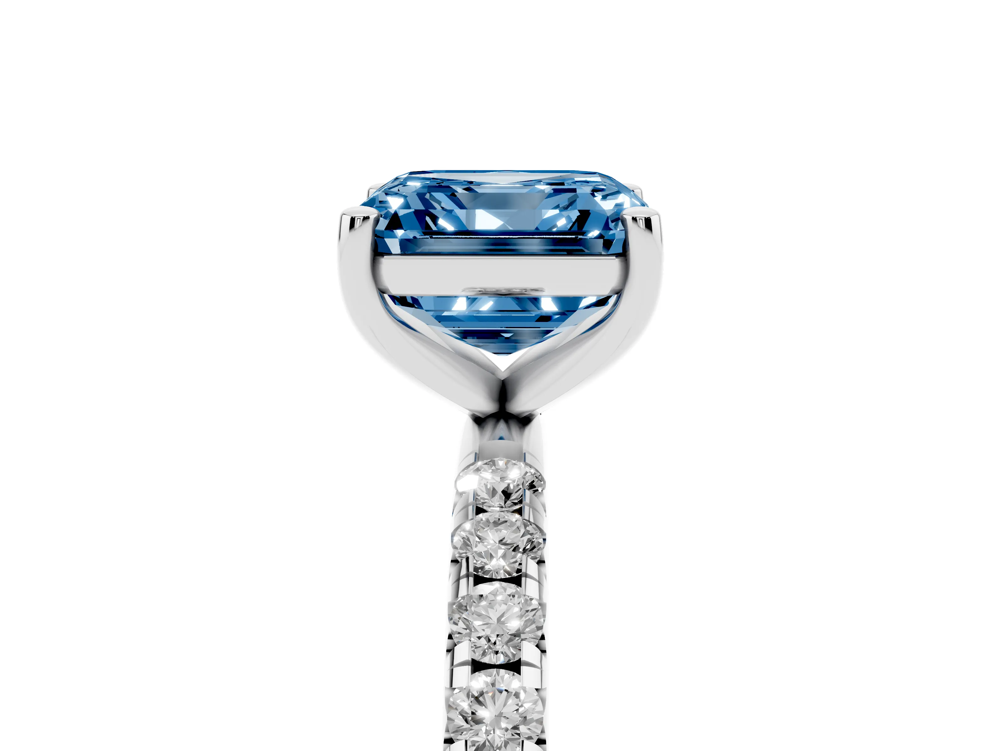 Fancy Blue Asscher Cut Diamond Solitaire Ring Set in Silver with Micro Pavé Band and Prong Setting