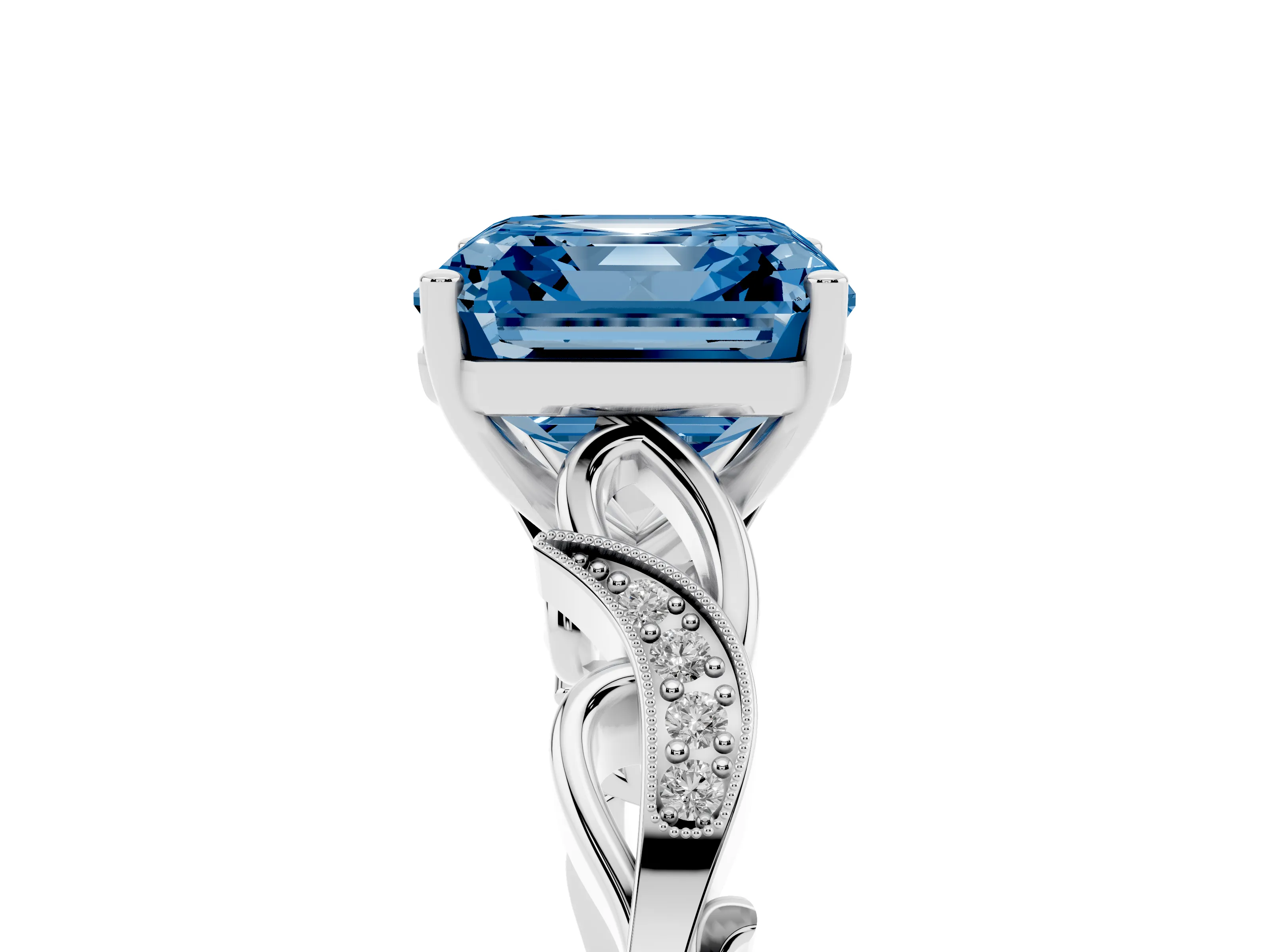 Fancy Blue Asscher Cut Diamond Vine Band Solitaire Ring Set in Platinum with Milgrain Prong Setting