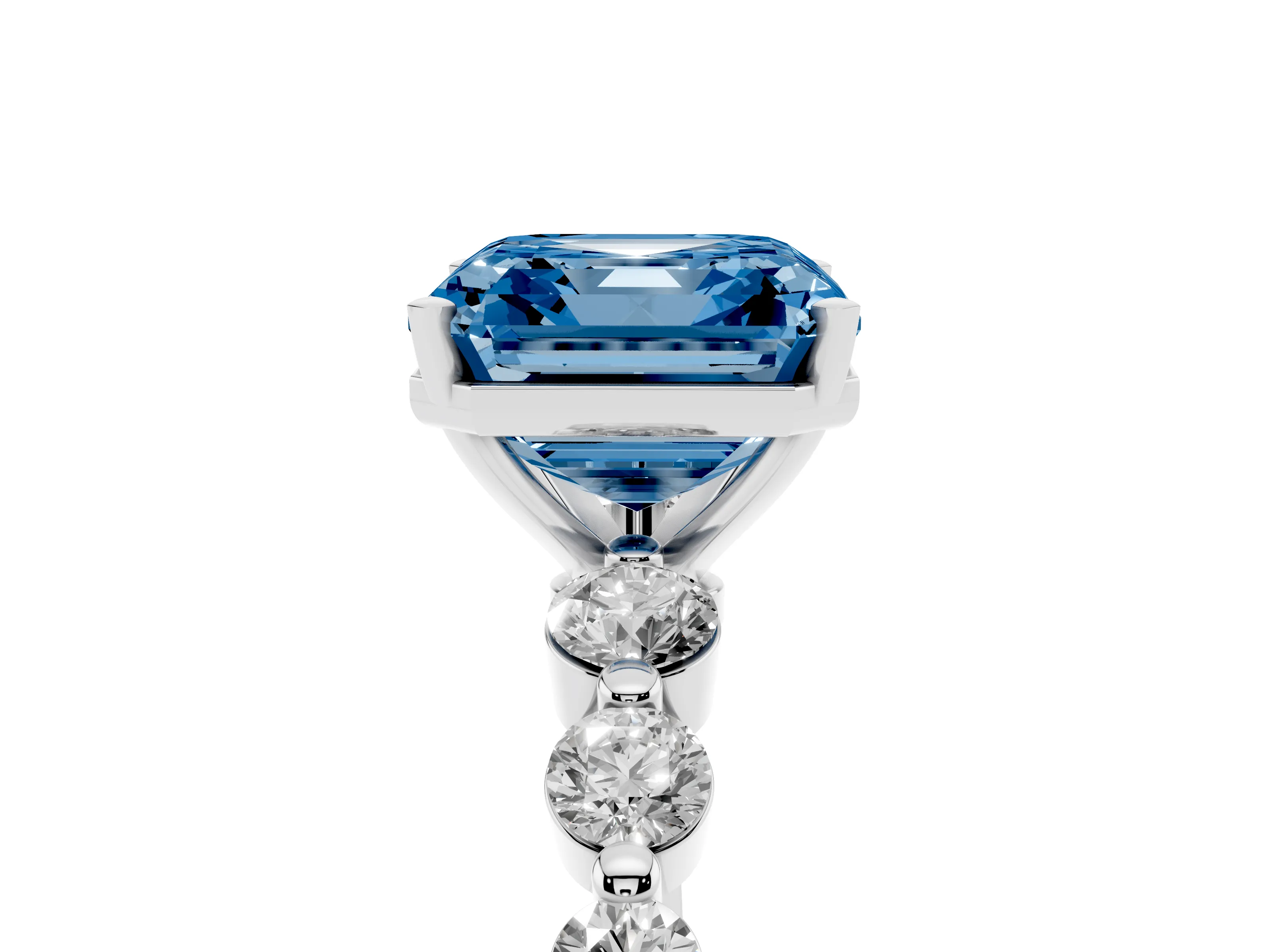Fancy Blue Asscher Cut Diamond Solitaire Ring Set in Platinum with Pavé Band and Prong Setting