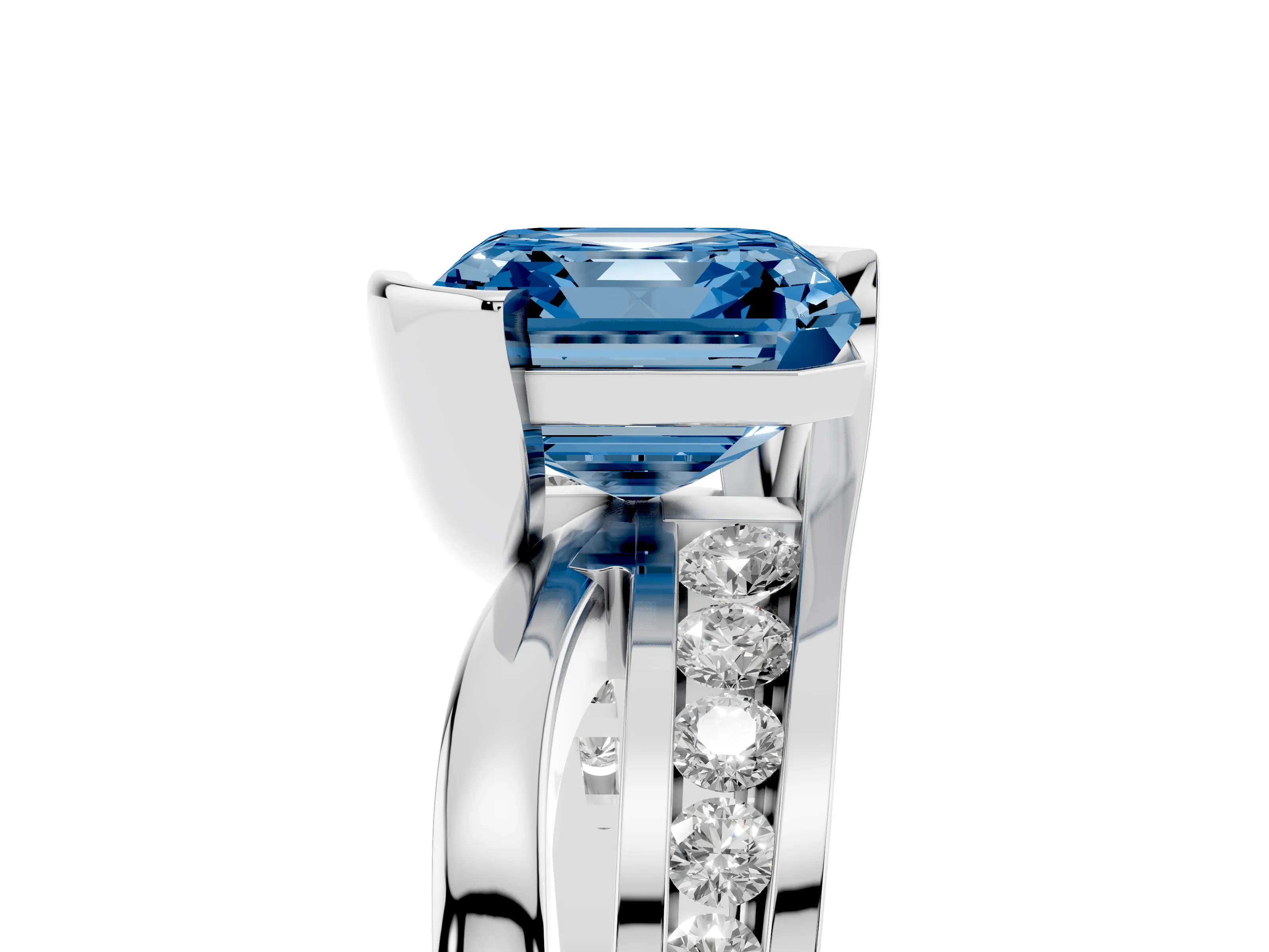 Fancy Blue Asscher Cut Diamond Solitaire Ring Set in White gold with Channel Set Split Shank and Tension Prongs