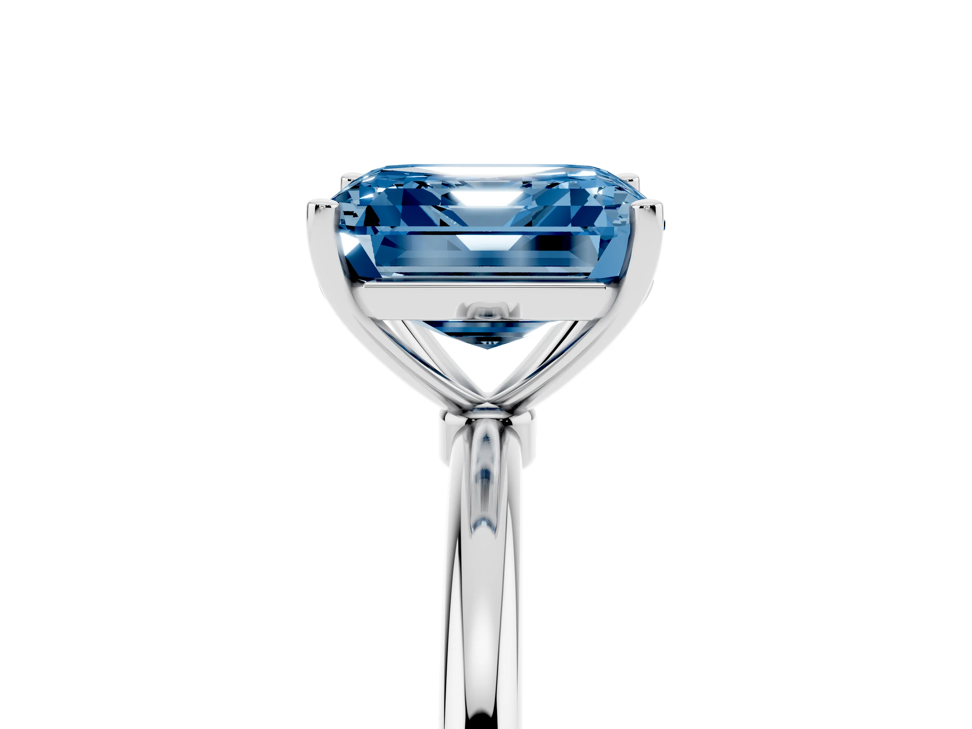 Fancy Blue Asscher Cut Diamond Solitaire Engagement Ring Set in Platinum with Thin Band and Prong Setting