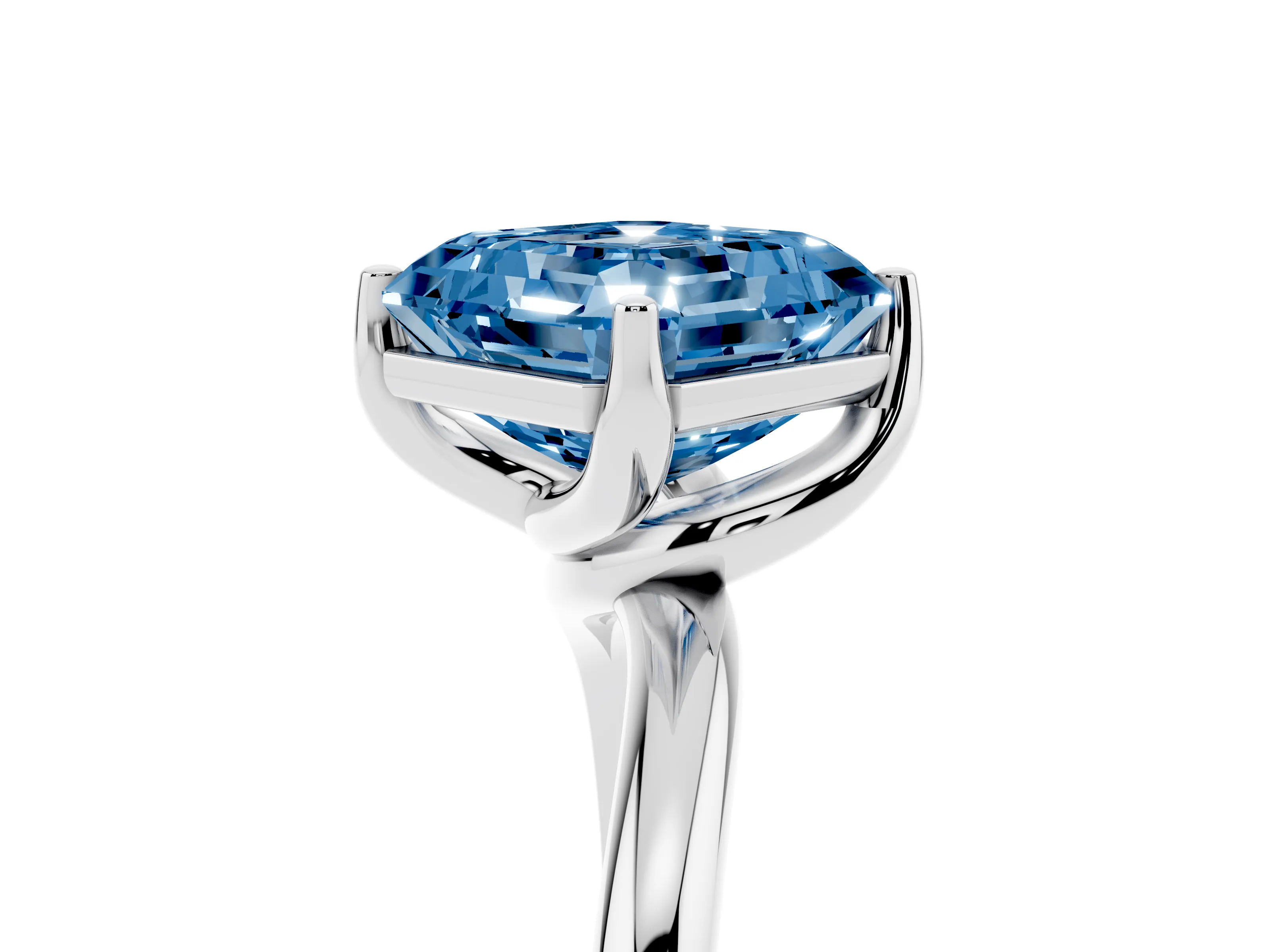 Fancy Blue Asscher Cut Diamond Solitaire Engagement Ring Set in White gold with Classic Plain Band