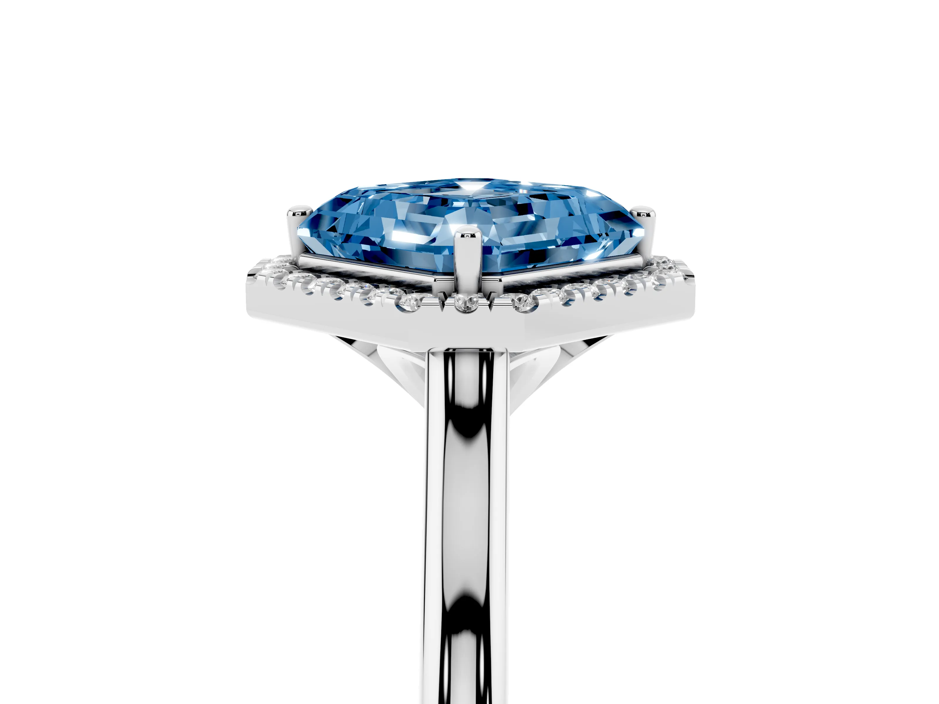 Fancy Blue Asscher Cut Diamond Halo Engagement Ring Set in White gold with Pavé Band and Rising Shoulders
