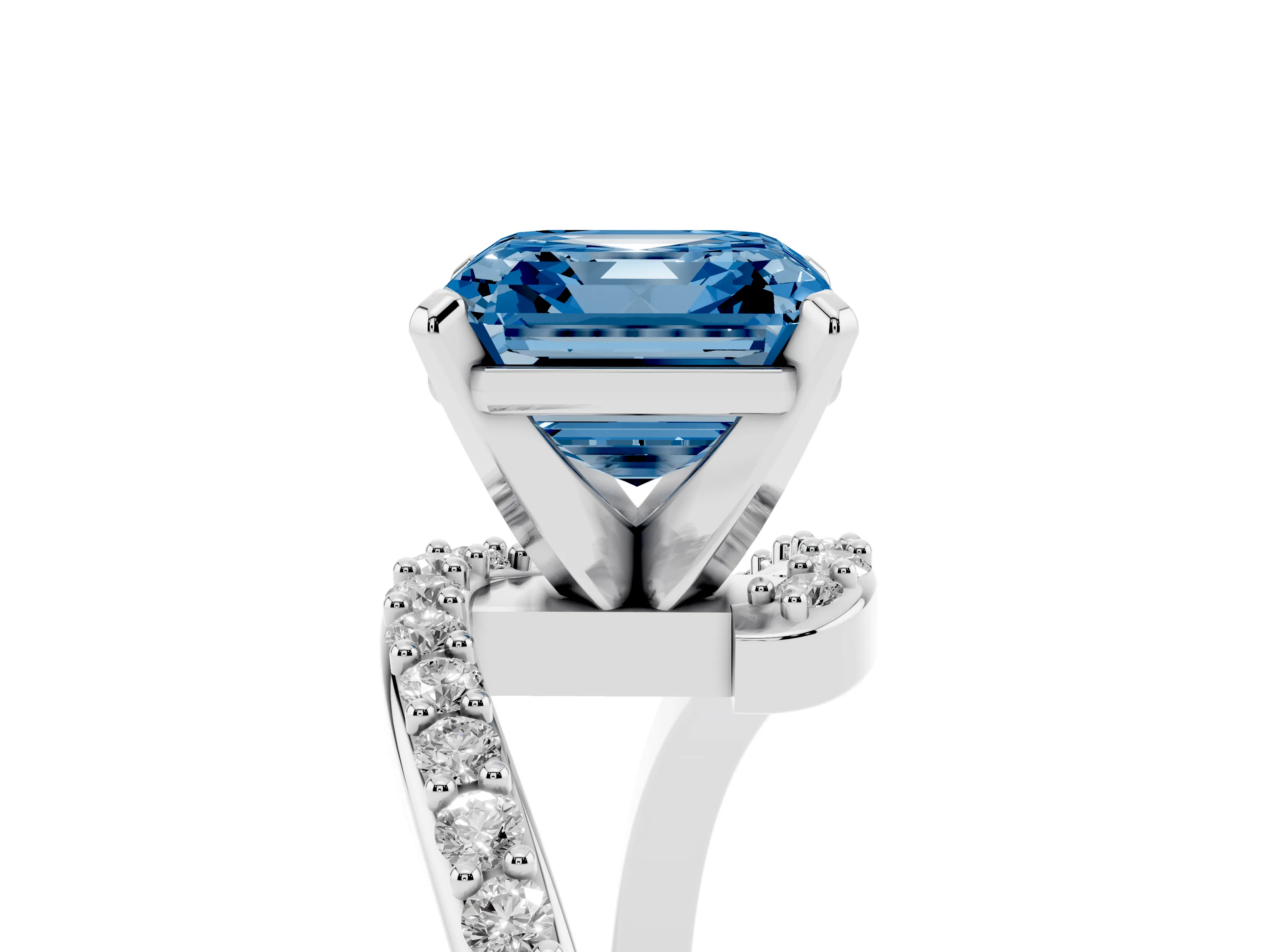 Fancy Blue Asscher Cut Diamond Solitaire Ring Set in White gold with Pavé Twist Band and Prong Setting