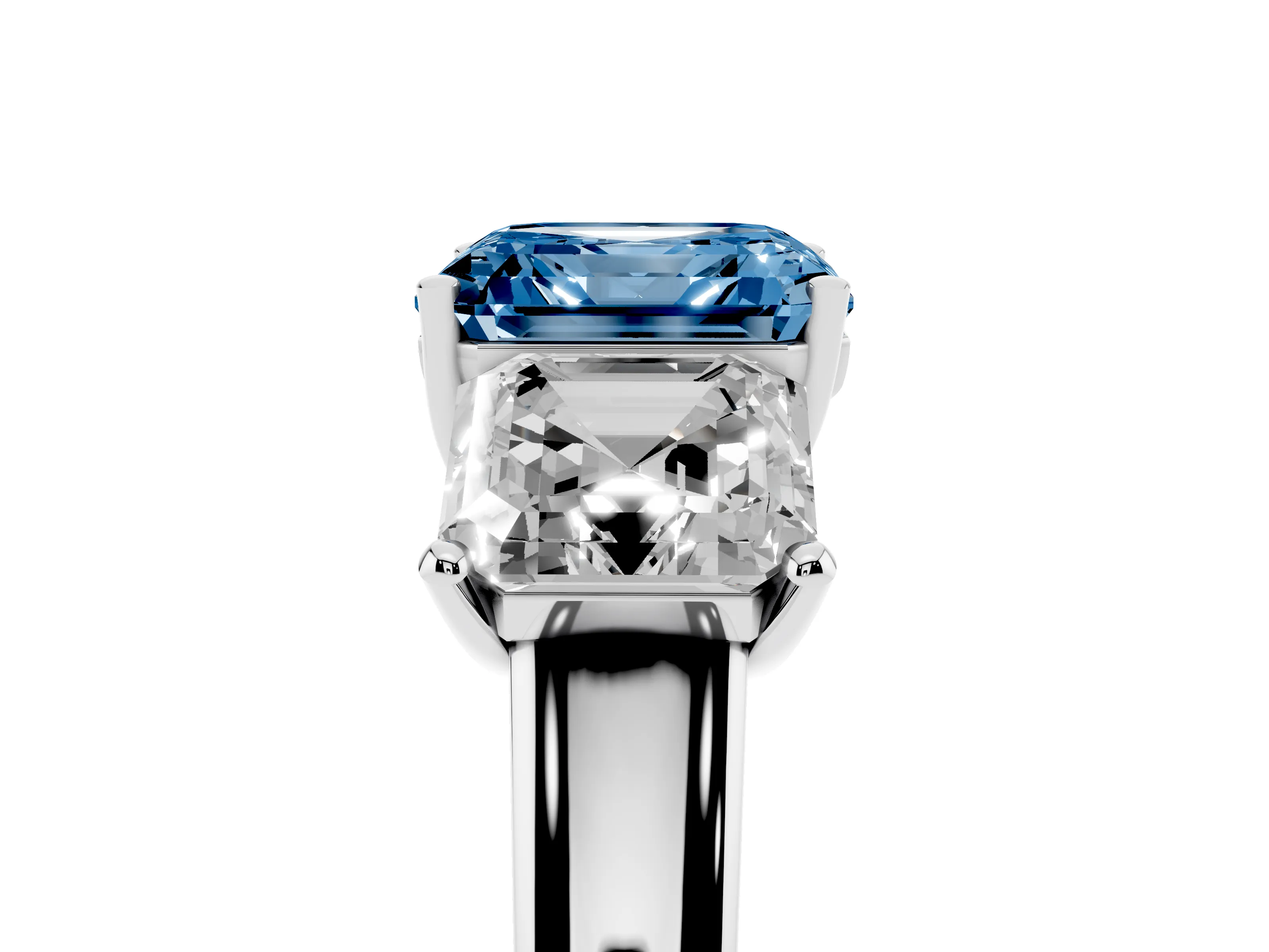 Fancy Blue Asscher Cut Diamond Three-Stone Ring Set in Silver with Classic Prong Setting and Plain Band