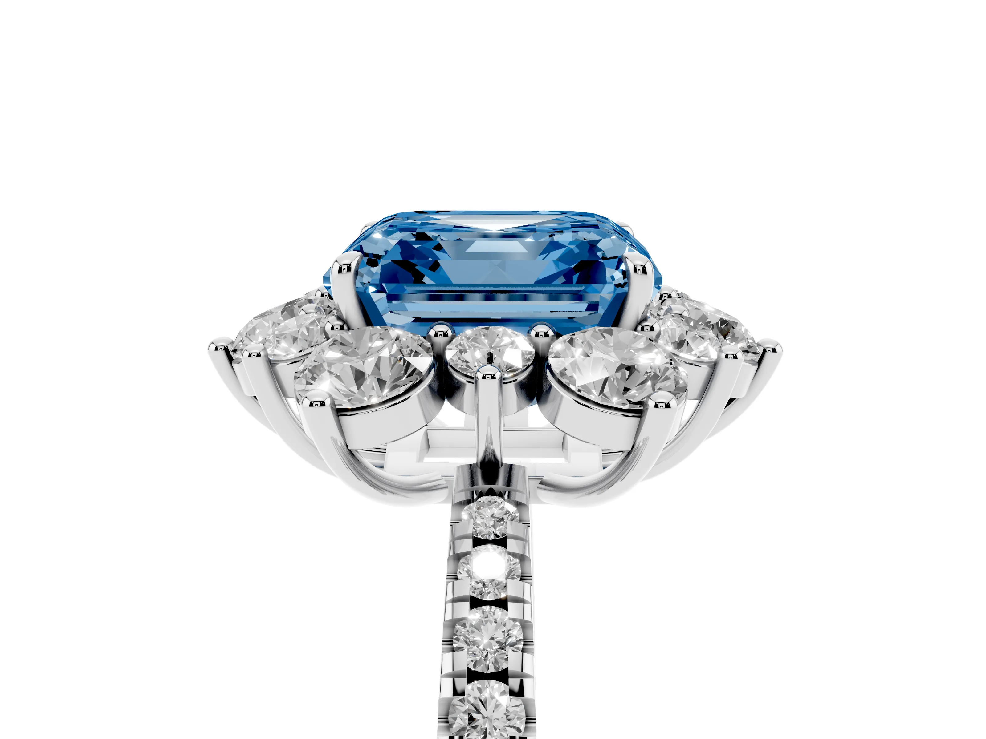 Fancy Blue Asscher Cut Diamond Floral Halo Ring Set in White gold with Round Pavé Band and Prong Setting