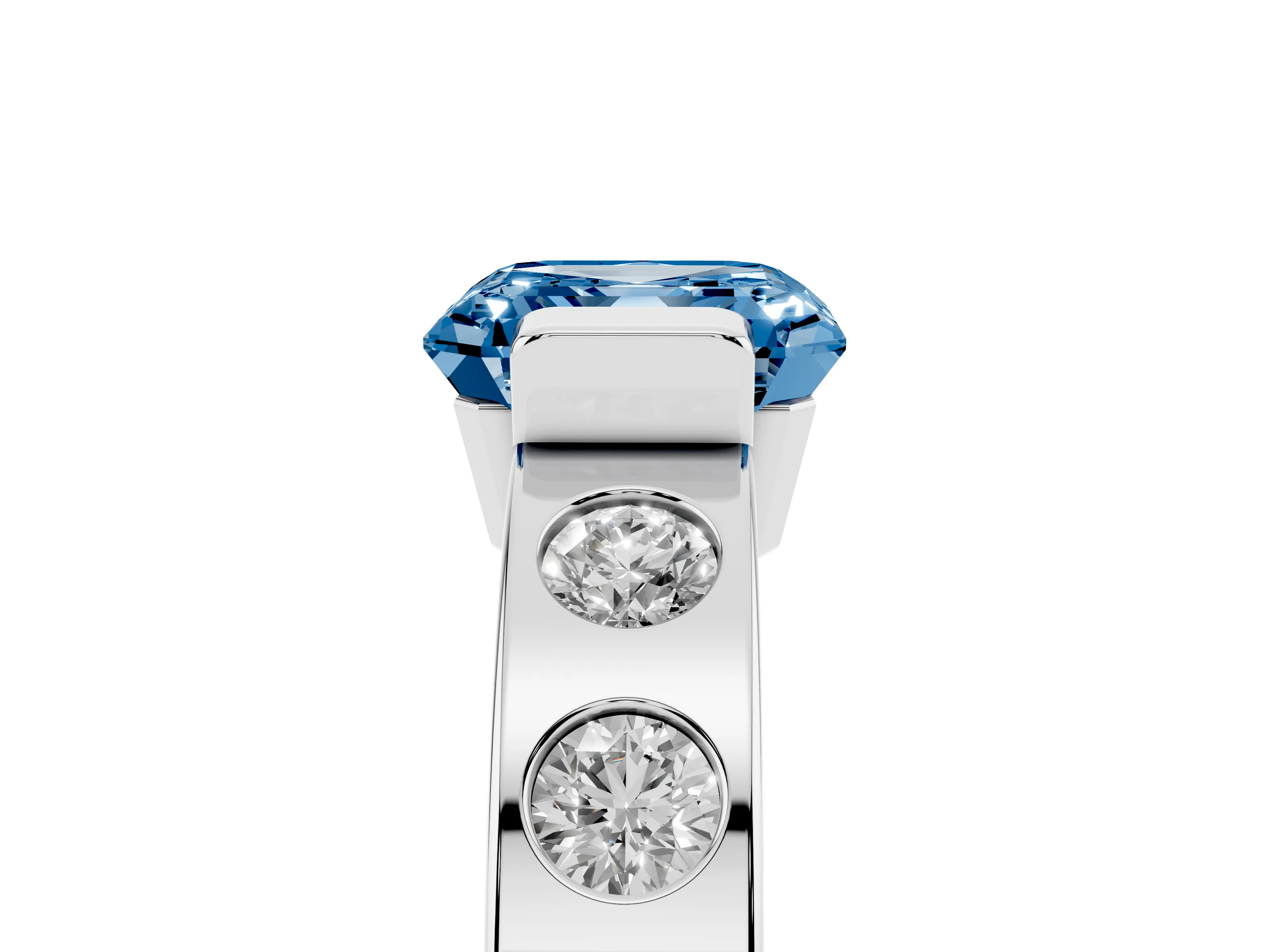 Fancy Blue Asscher Cut Diamond Channel-Set Band Ring Set in White gold with Bezel Prong Setting