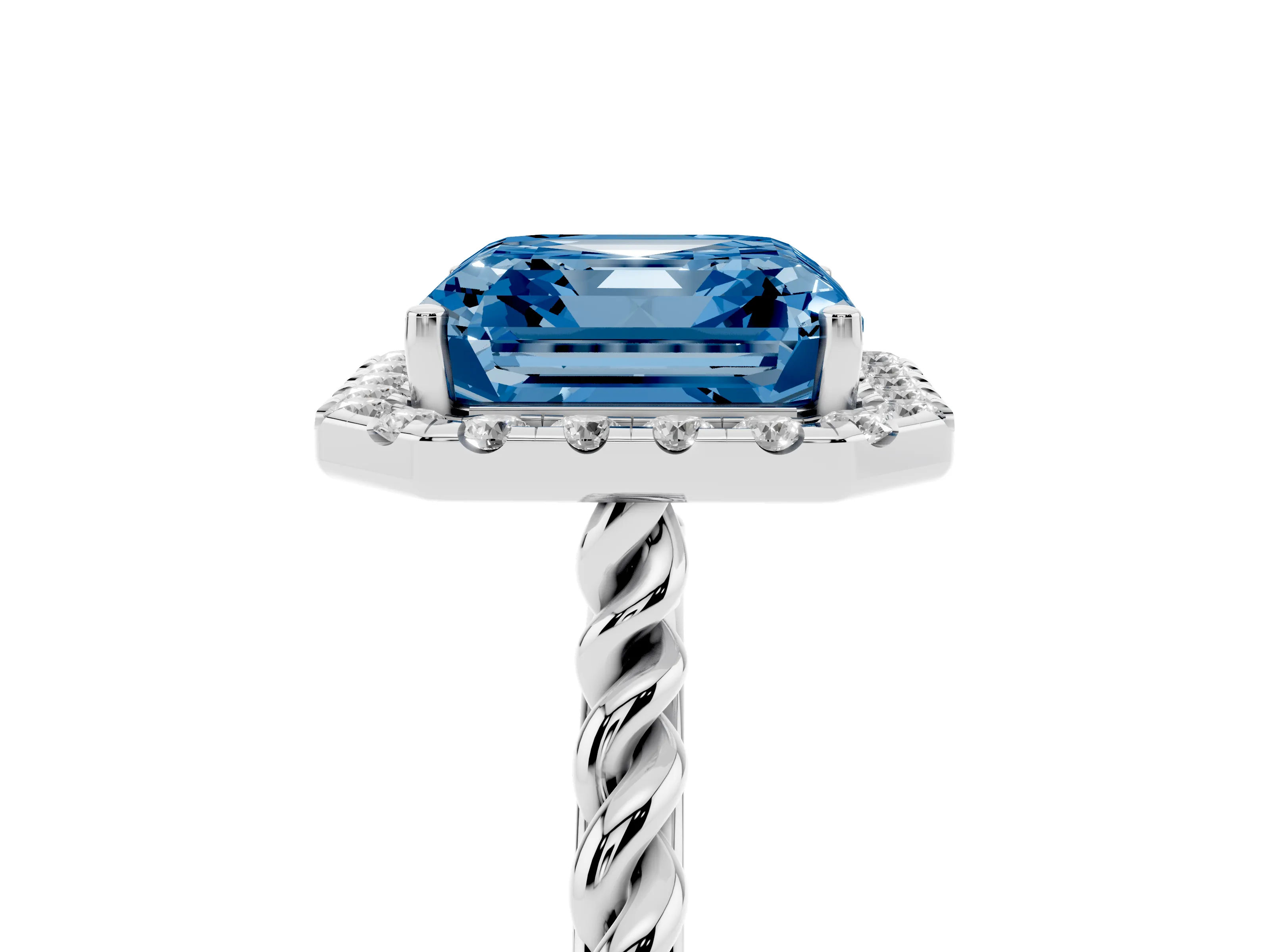Fancy Blue Asscher Cut Diamond Halo Ring Set in Silver with Plain Twisted Band