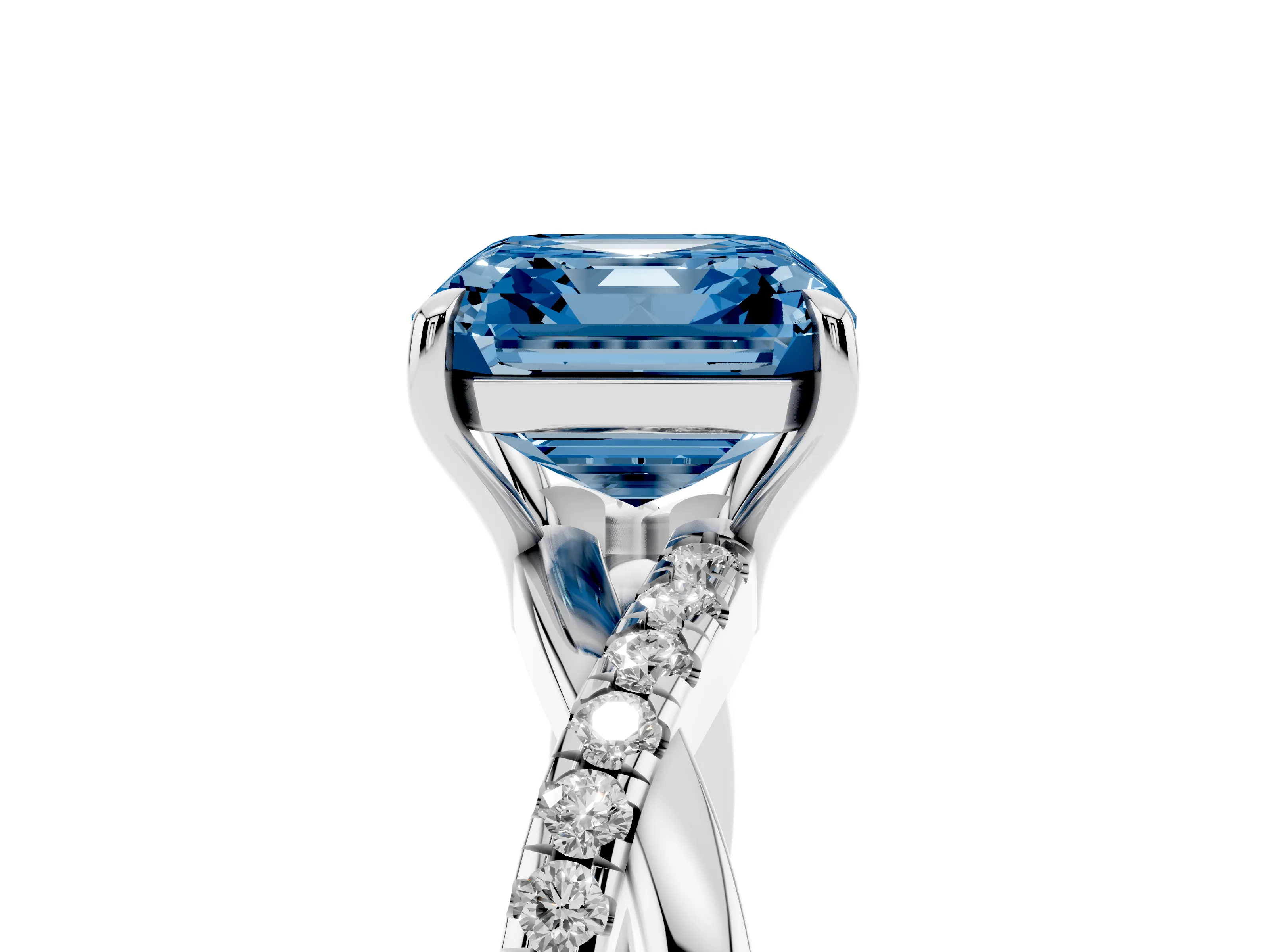 Fancy Blue Asscher Cut Diamond Twisted Pavé Band Ring Set in Silver with Prong Setting