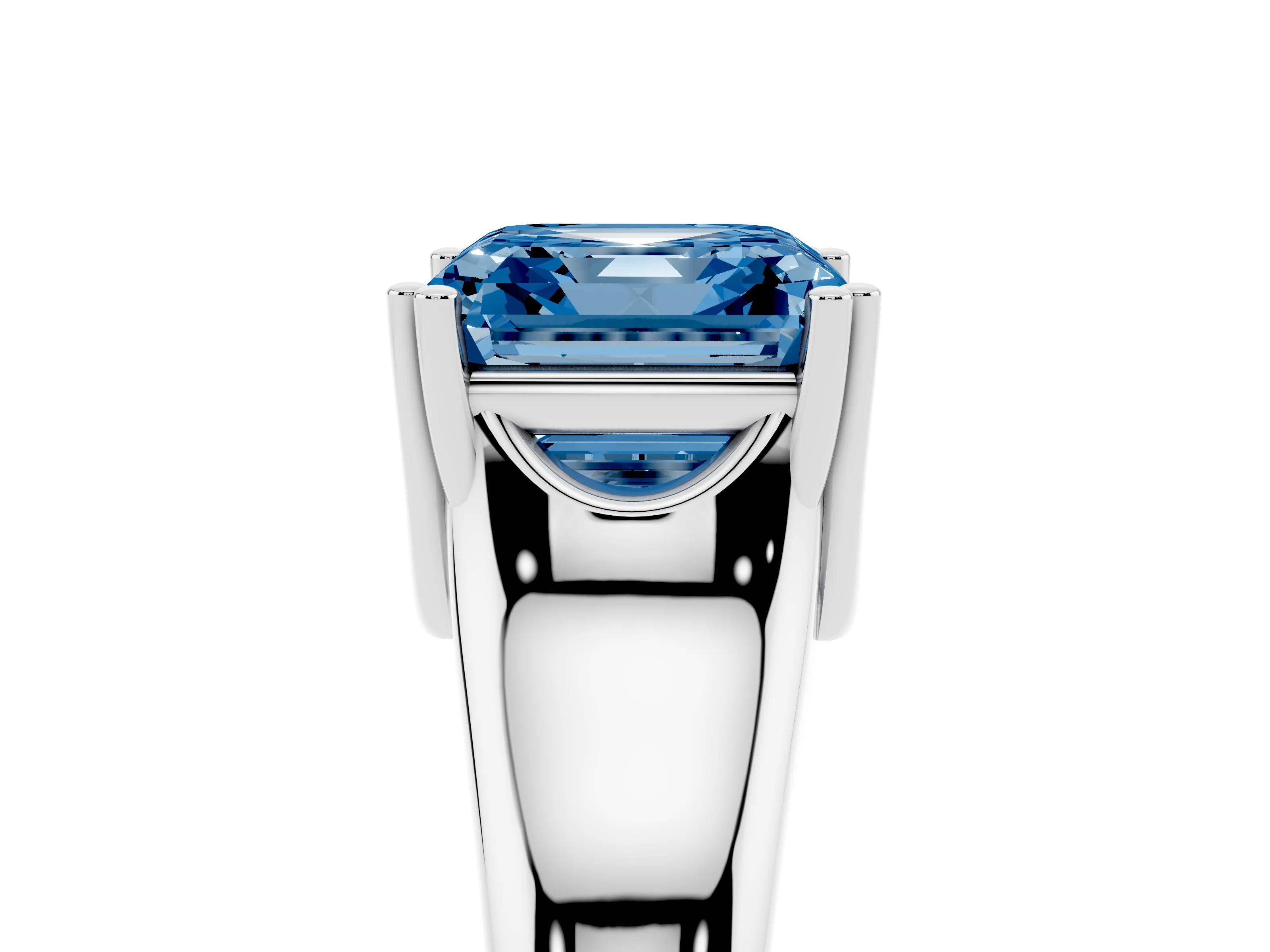 Fancy Blue Asscher Cut Diamond Solitaire Ring Set in Platinum with Wide Band and Prong Setting