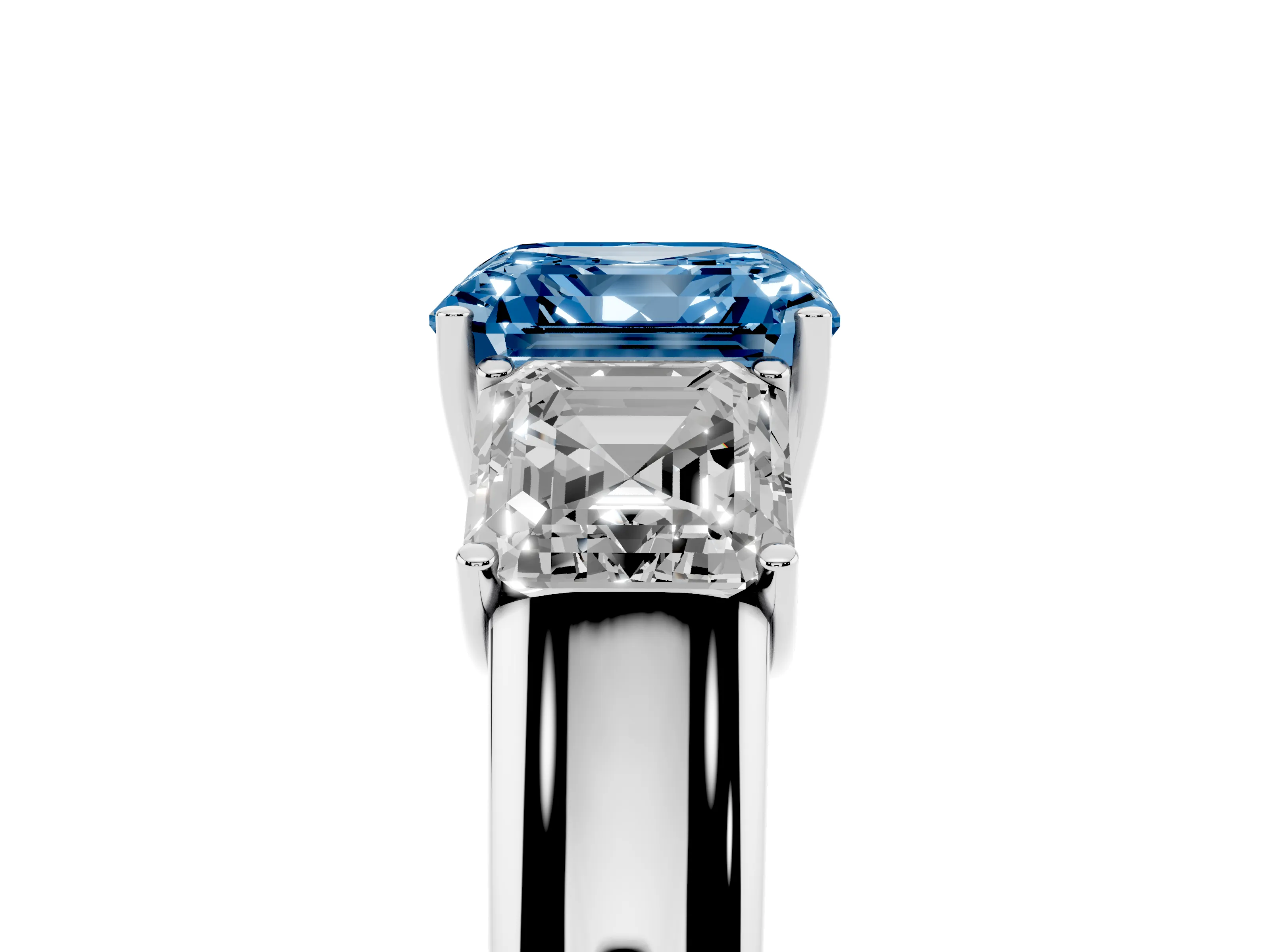 Fancy Blue Three-Stone Asscher Cut Diamond Ring Set in Silver with Matching Prong Settings and Plain Band