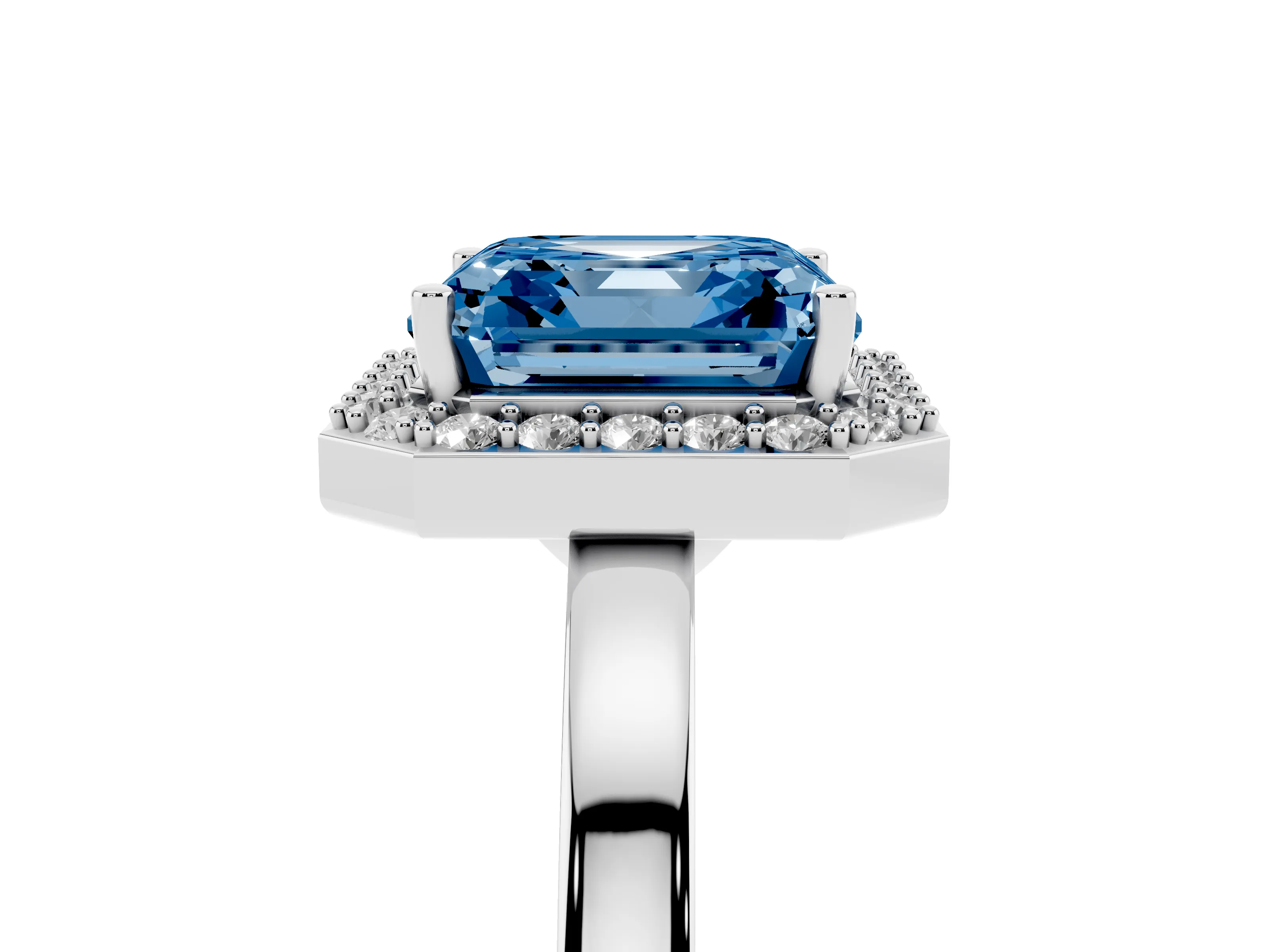 Fancy Blue Asscher Cut Diamond Halo Ring Set in Platinum with Solitaire Band and Prong Setting