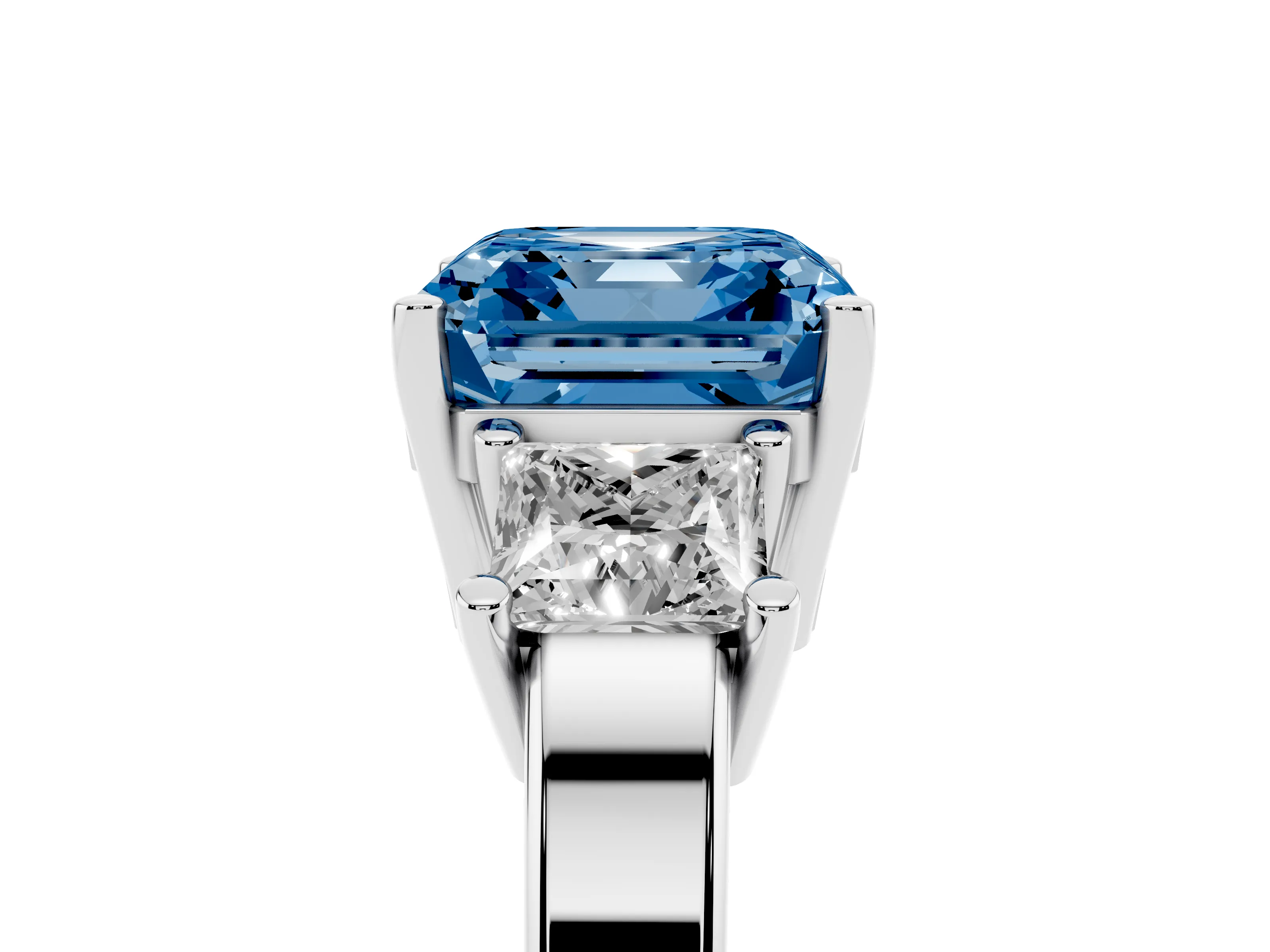 Fancy Blue Three-Stone Asscher Cut Diamond Solitaire Ring Set in Silver with Prong Setting