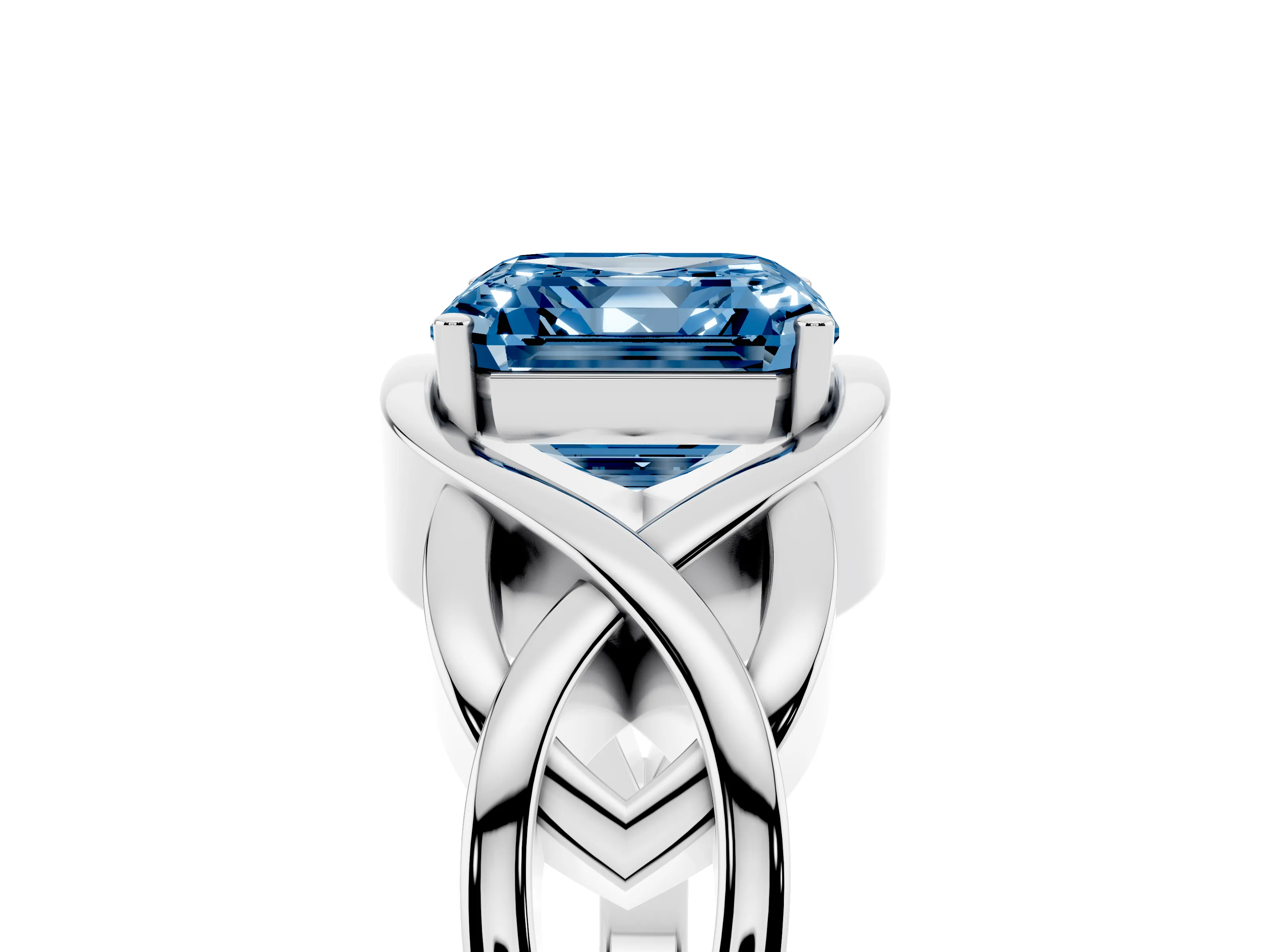 Fancy Blue Asscher Cut Diamond Solitaire Ring Set in Platinum with Intertwined Band