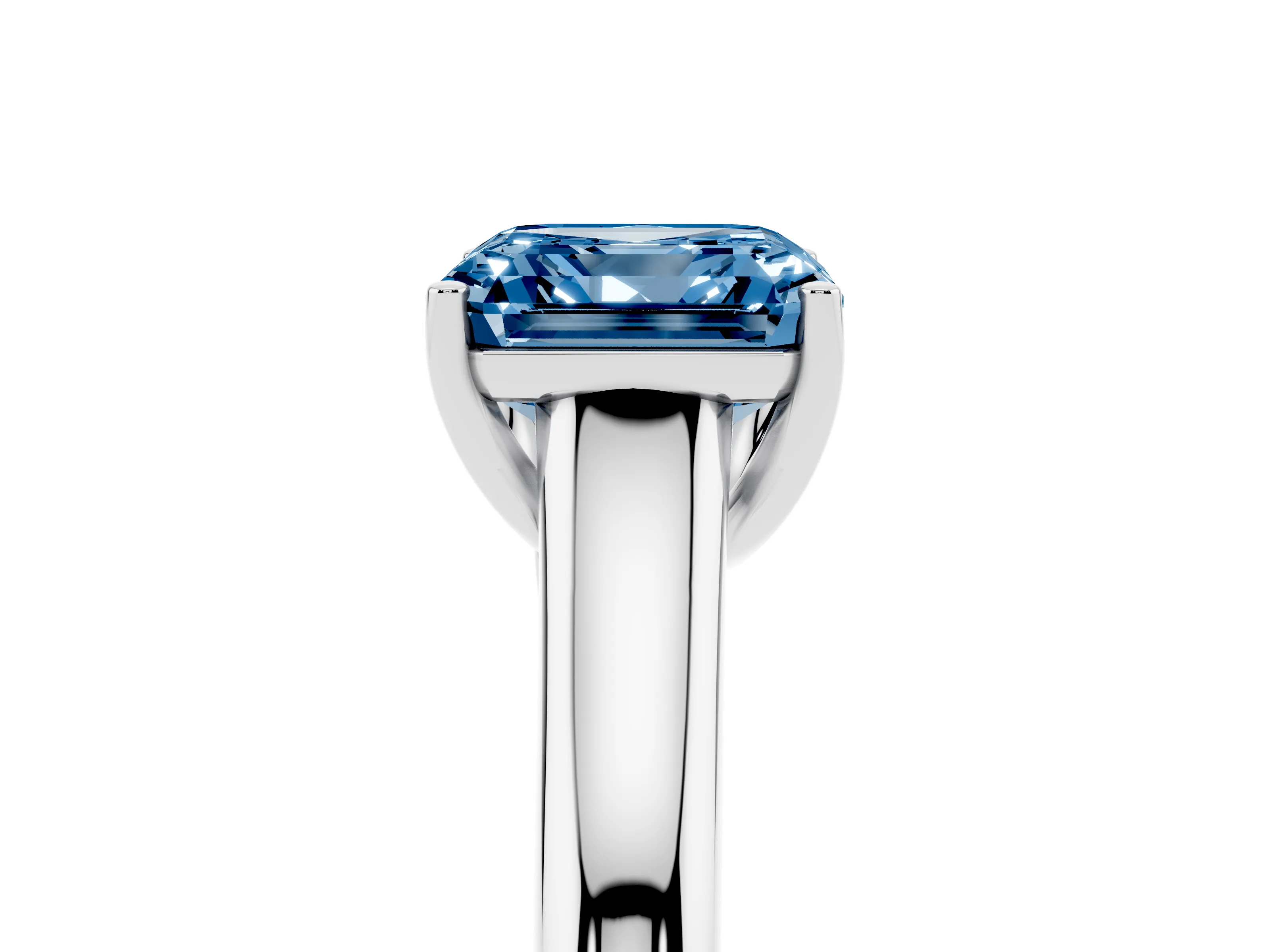 Fancy Blue Asscher Cut Diamond Solitaire Engagement Ring Set in Platinum with Subtly Tapered Band and Prong Setting
