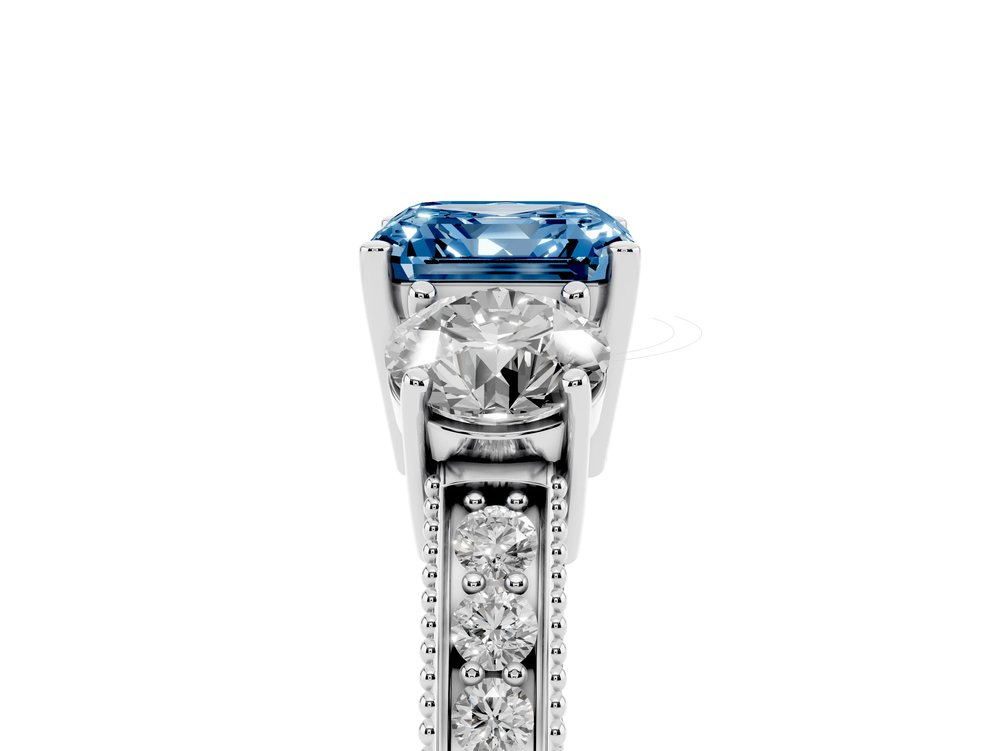 Fancy Blue Asscher Cut Diamond Three-Stone Ring Set in Platinum with Round Side Stones and Pavé Band