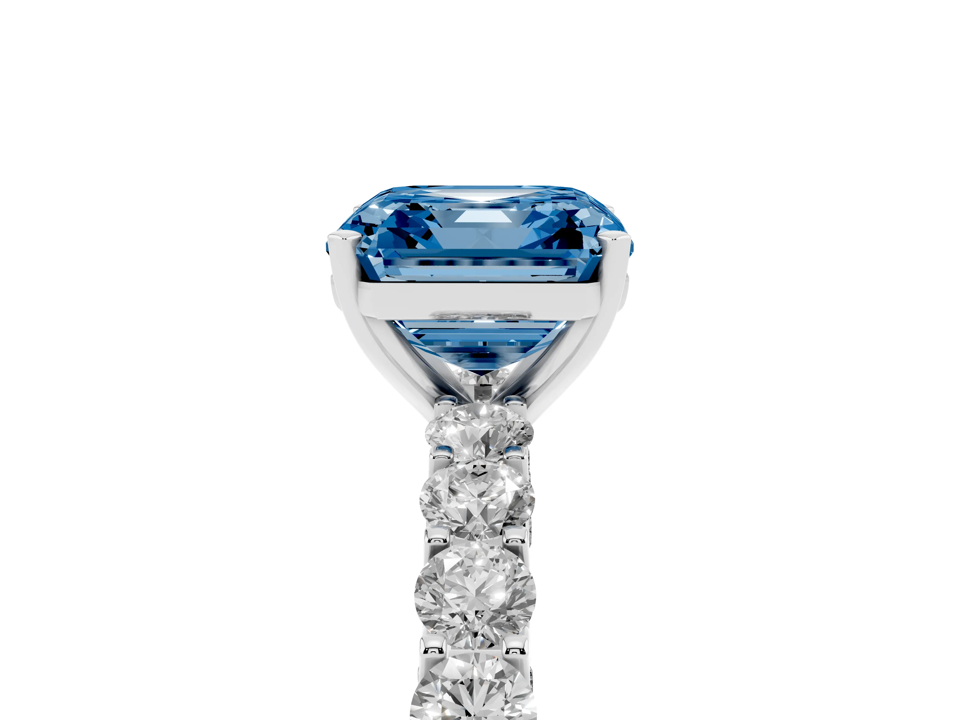 Fancy Blue Asscher Cut Diamond Solitaire Ring Set in Silver with Shared Prong Pavé Band