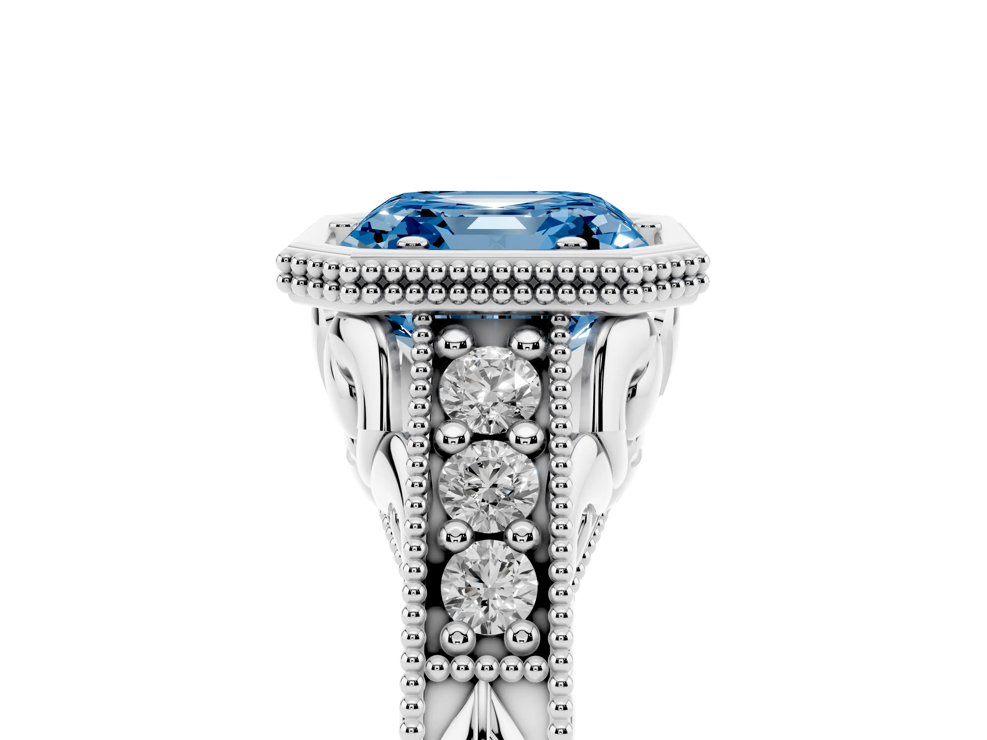 Fancy Blue Bezel Set Asscher Cut Diamond Milgrain Pavé Engagement Ring Set in Silver