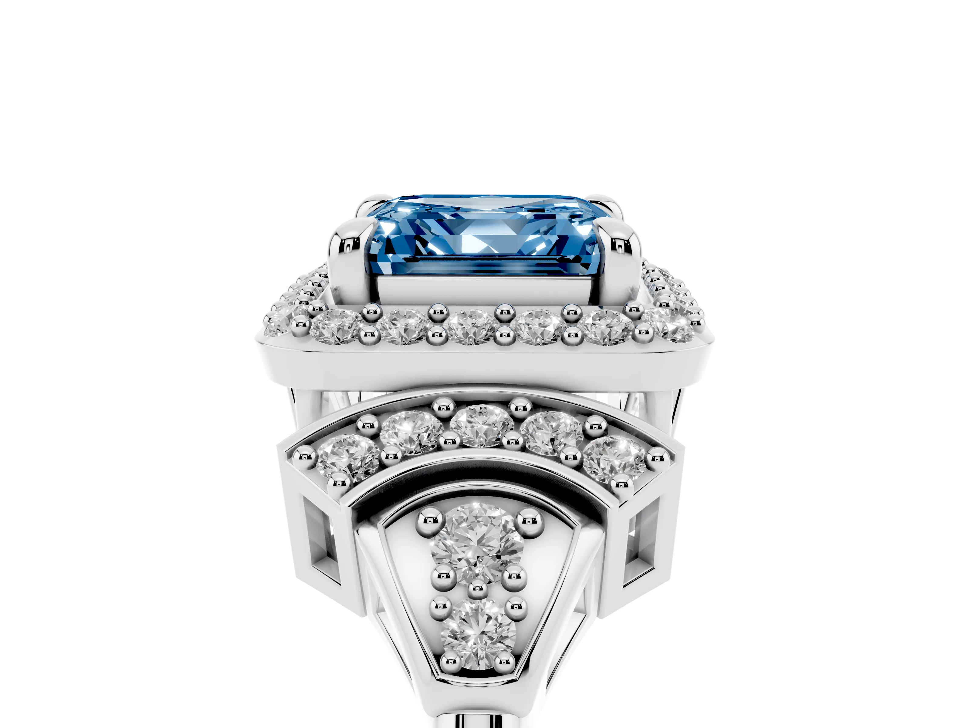 Fancy Blue Asscher Cut Diamond Halo Engagement Ring Set in White gold with Accent Stone Split Shank