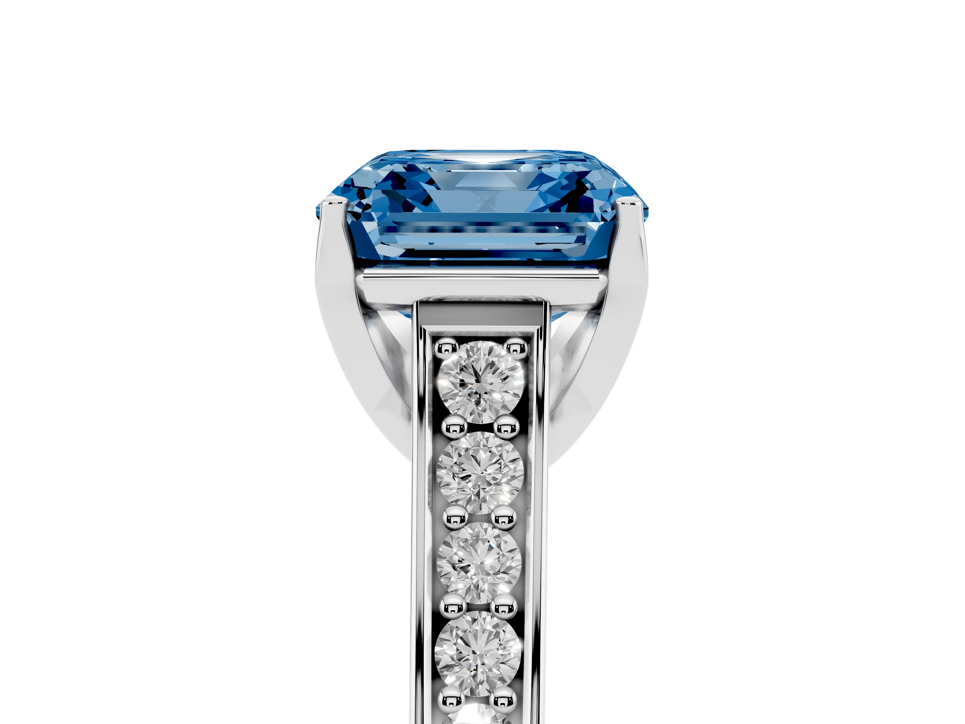 Fancy Blue Asscher Cut Diamond Solitaire Pavé Engagement Ring Set in White gold with Prong Setting