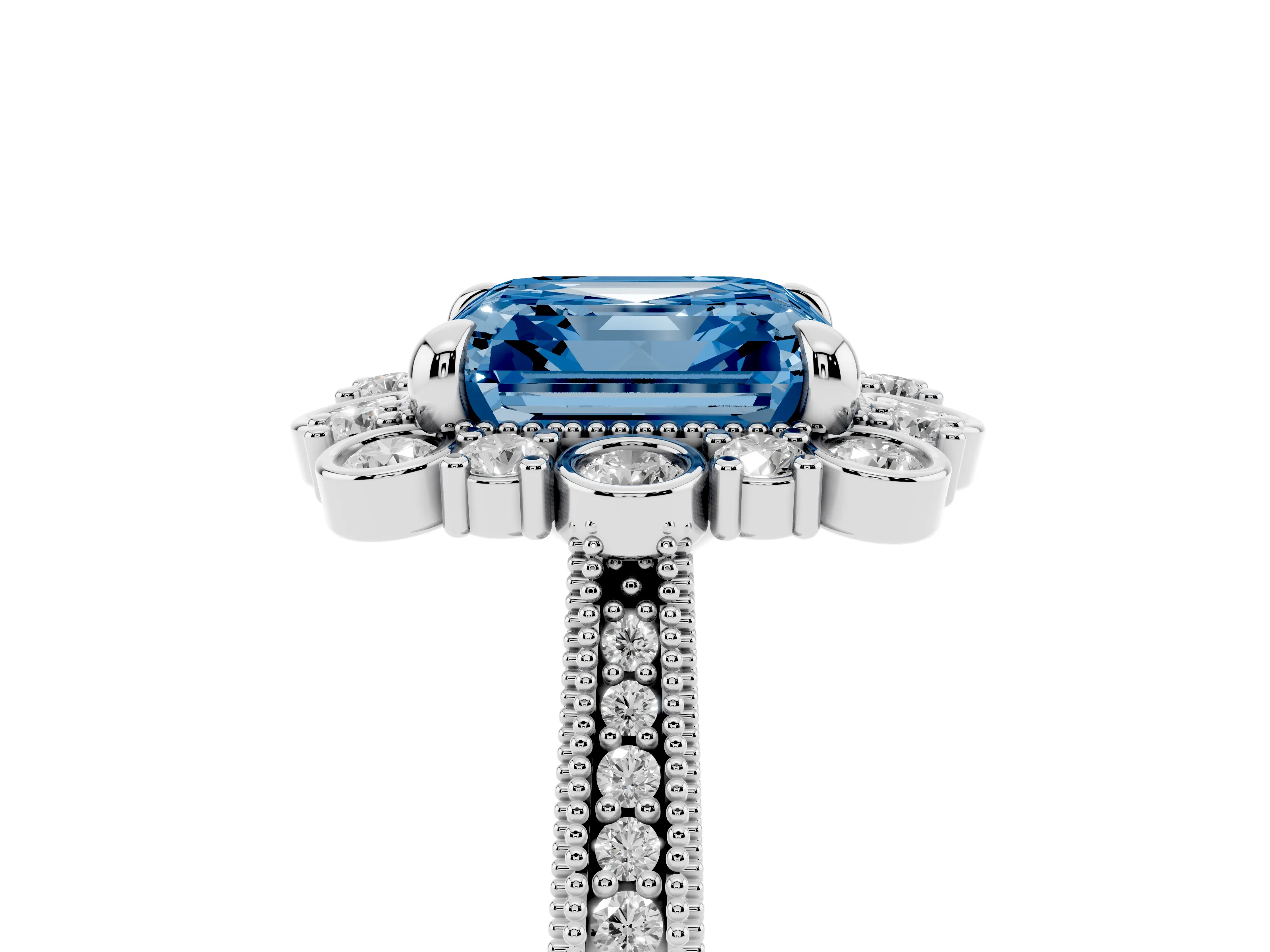 Fancy Blue Asscher Cut Diamond Halo Milgrain Pavé Ring Set in Silver with Prong Setting