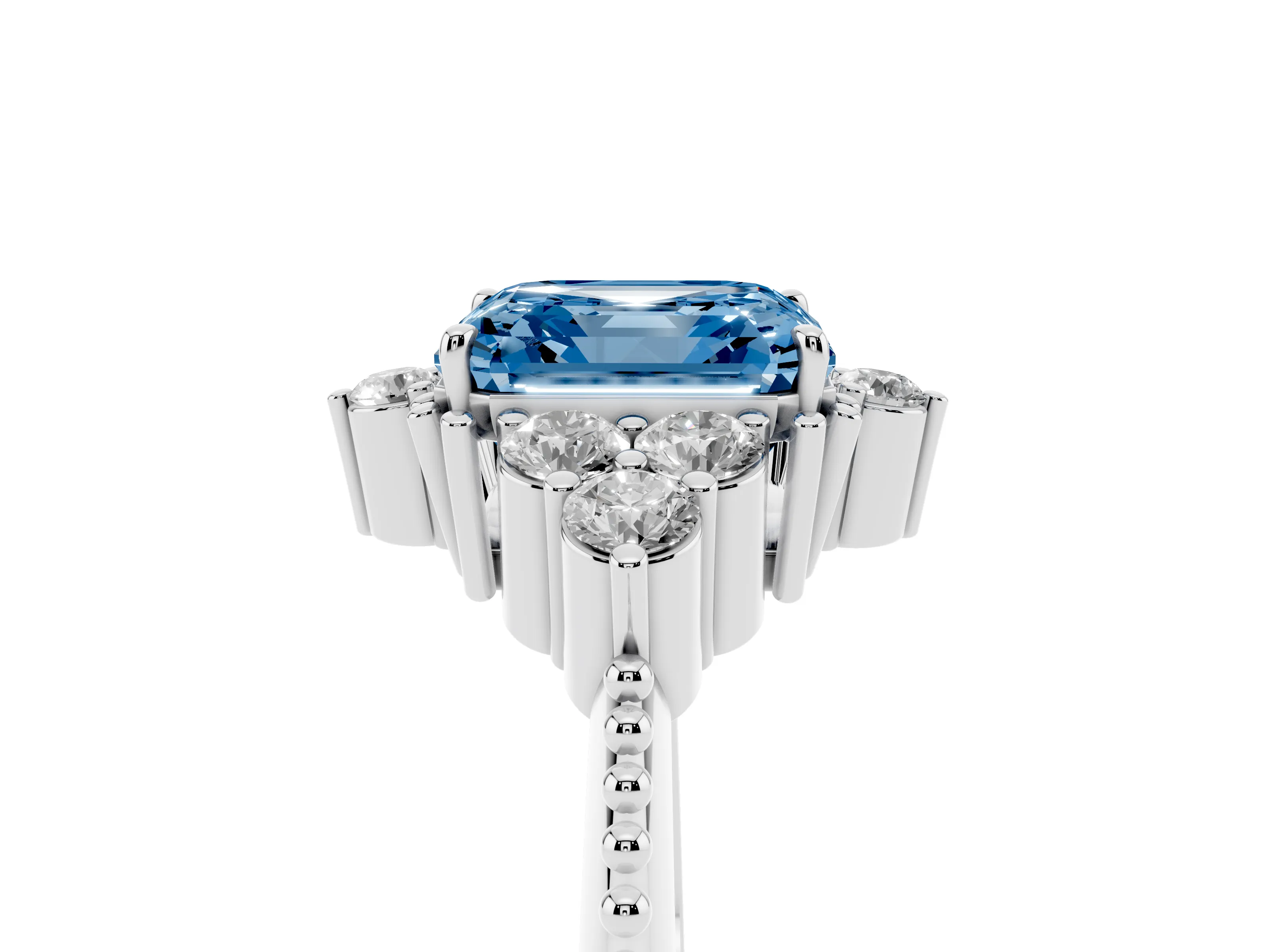 Fancy Blue Asscher Cut Diamond Cluster Ring Set in Silver with Beaded Band