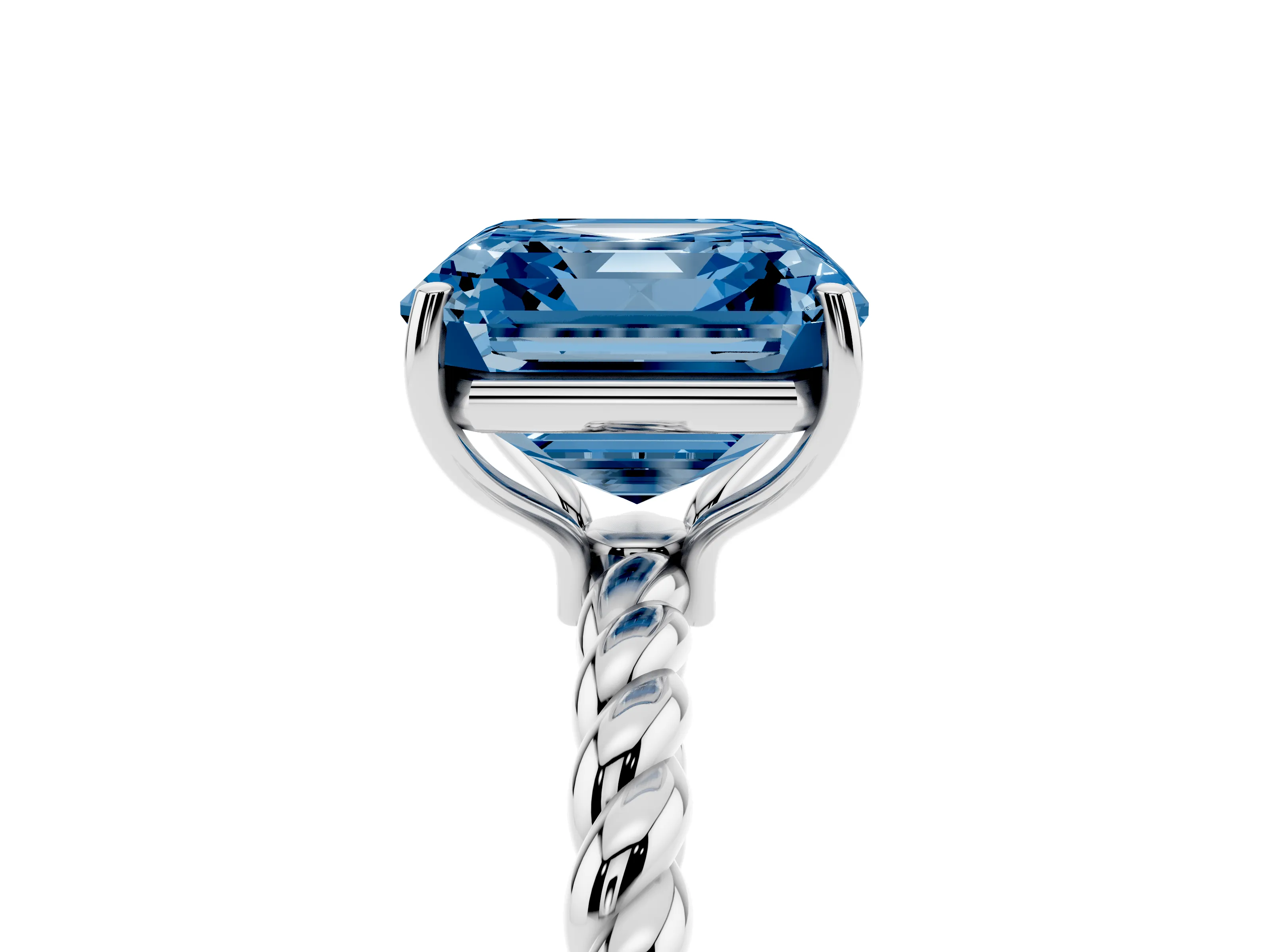 Fancy Blue Asscher Cut Diamond Solitaire Ring Set in Platinum with Twist Band and Prong Setting