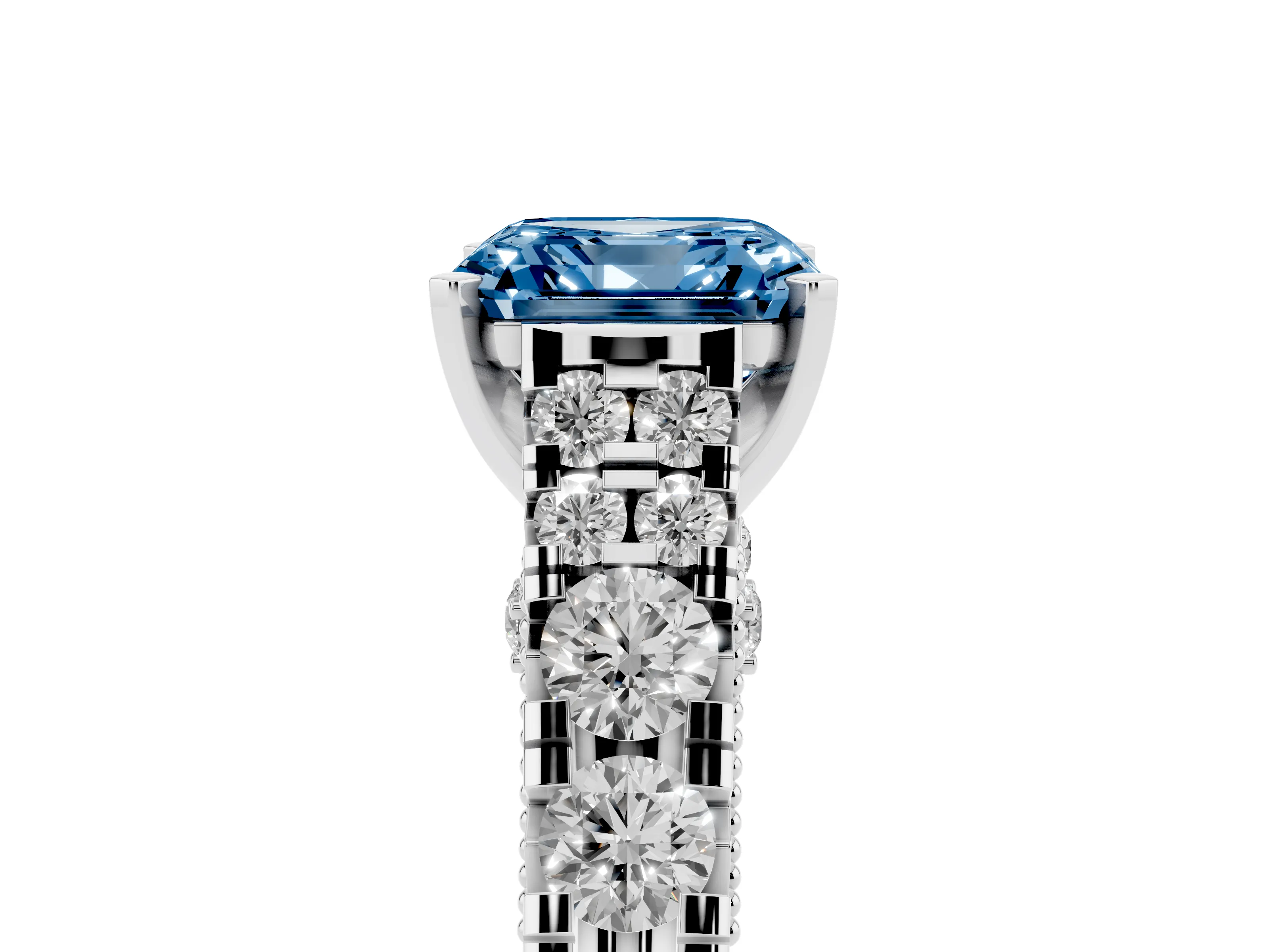 Fancy Blue Asscher Cut Diamond Classic Solitaire Ring Set in White gold with Pavé Band and Prong Setting