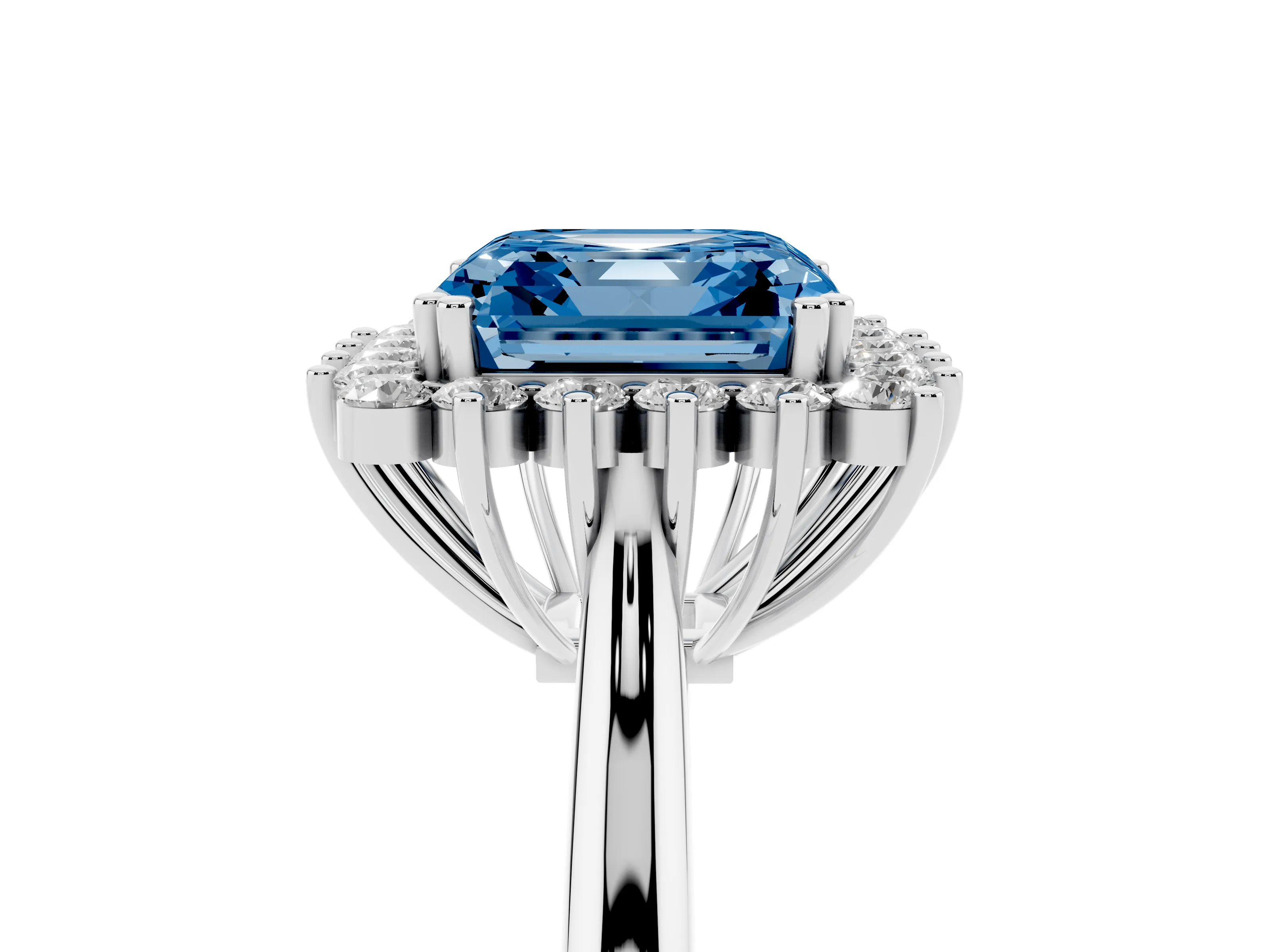 Fancy Blue Asscher Cut Diamond Halo Ring Set in Silver with Plain Solitaire Band and Prong Setting