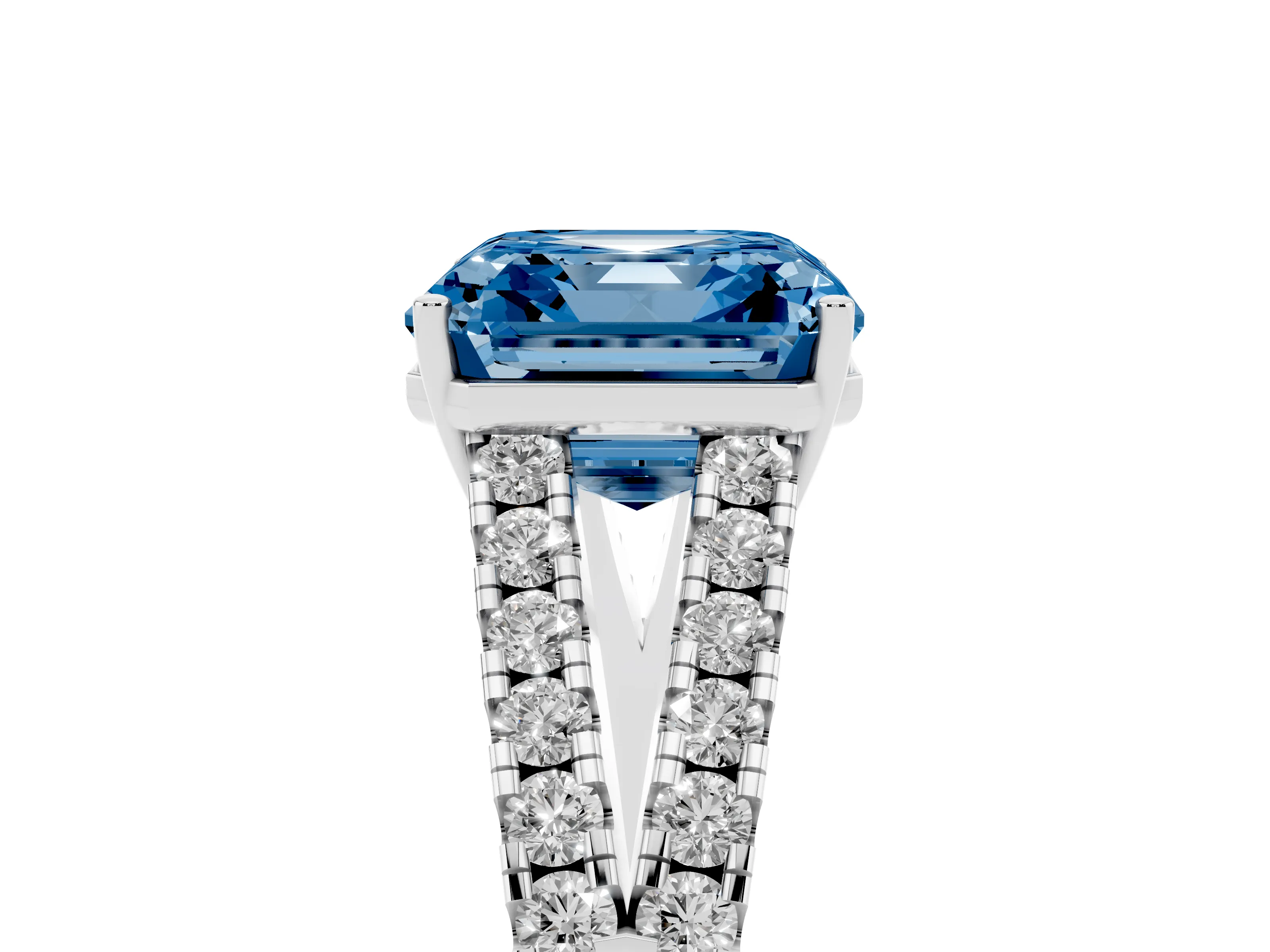 Fancy Blue Asscher Cut Diamond Split Shank Pavé Engagement Ring Set in Platinum with Prong-Held Center Stone