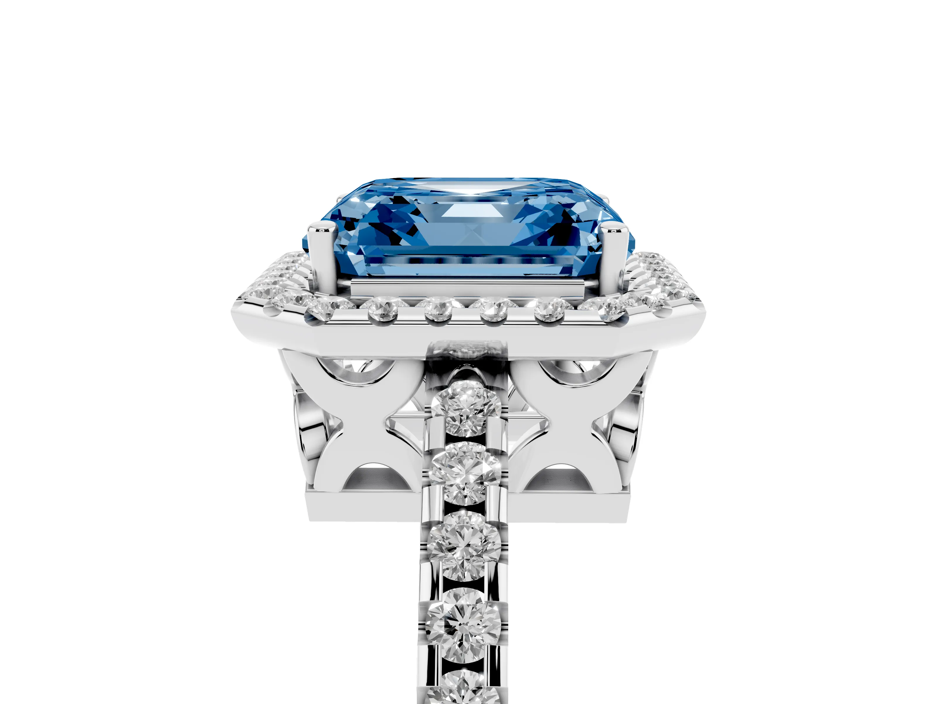 Fancy Blue Asscher Cut Diamond Halo Ring Set in Platinum with Pavé Shoulders and Halo-Framed Center