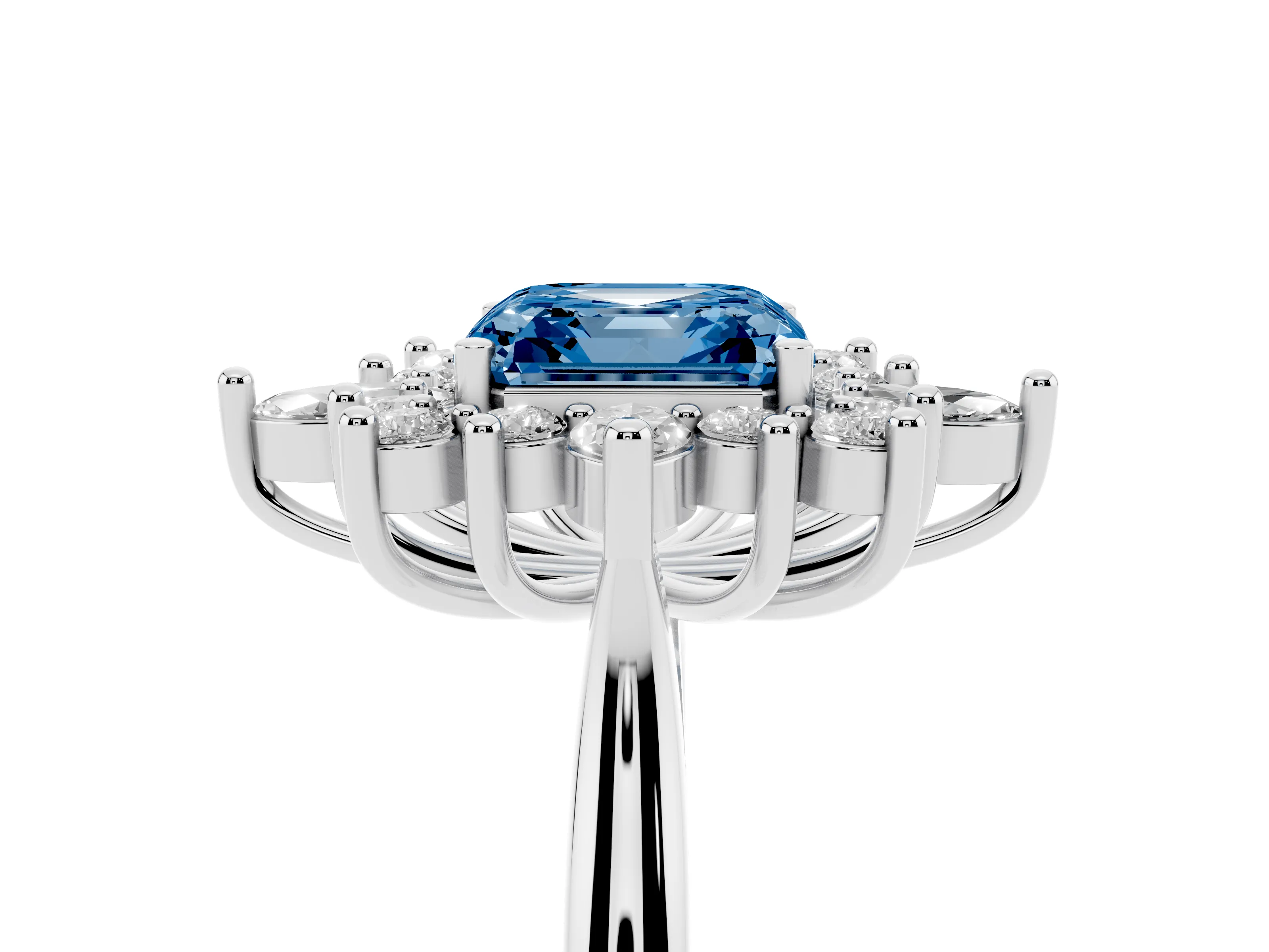 Fancy Blue Asscher Cut Diamond Cluster Halo Ring Set in Silver with Marquise and Round Accents