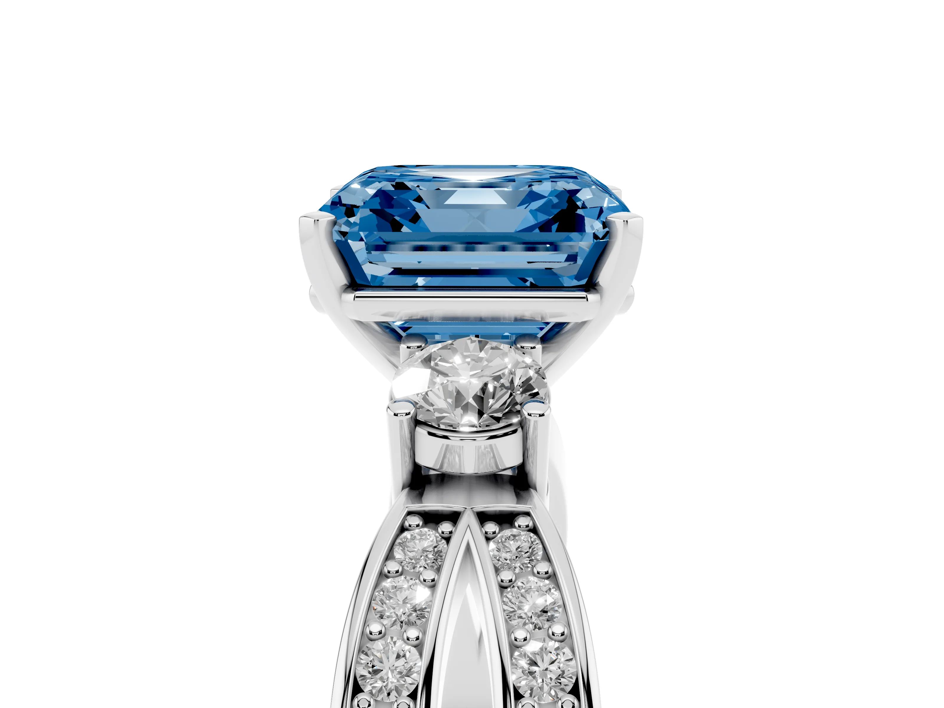 Fancy Blue Three-Stone Asscher Cut Diamond Twist Band Ring Set in Silver with Pavé Accents and Prong Setting