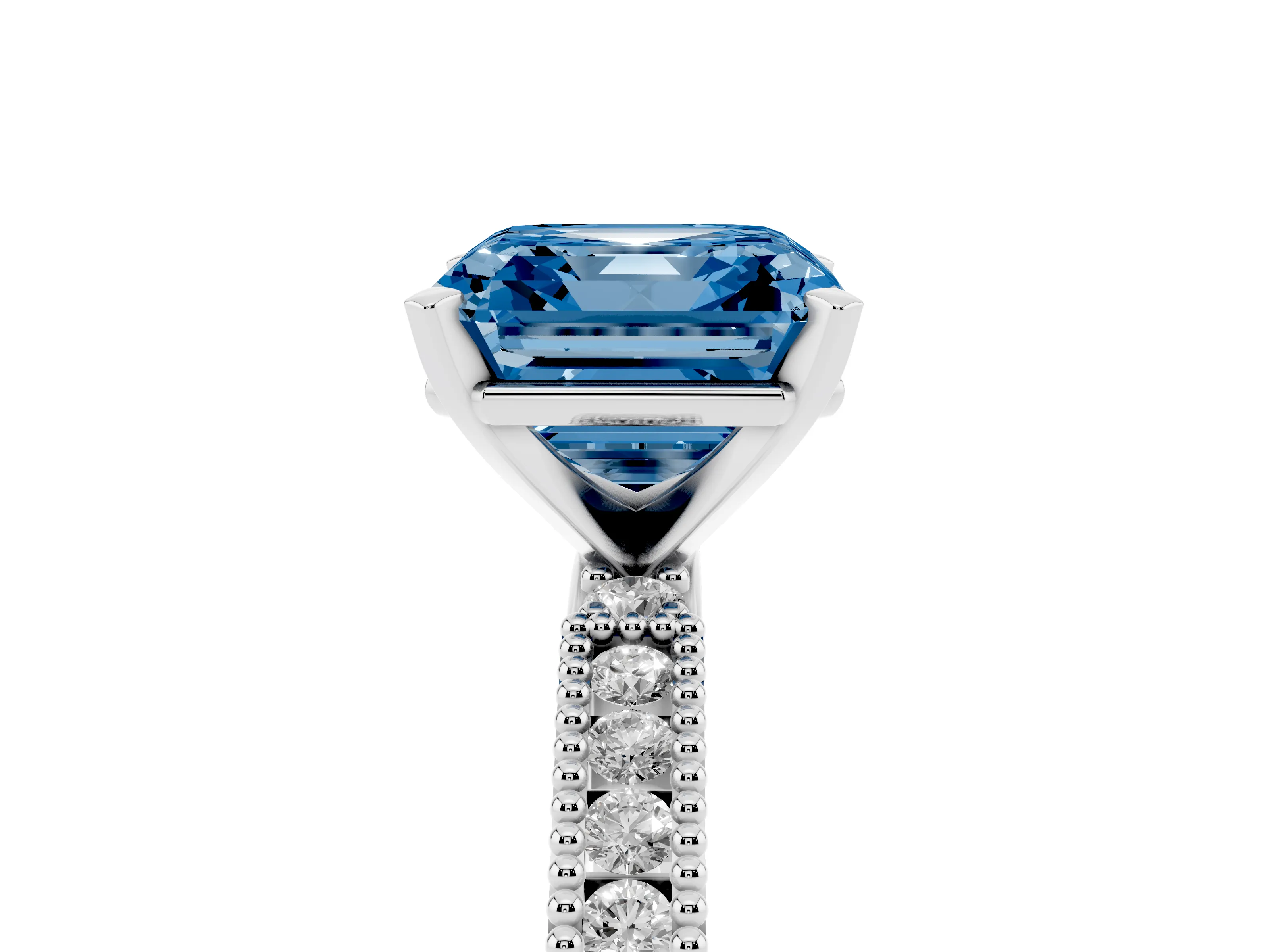 Fancy Blue Asscher Cut Diamond Solitaire Ring Set in Silver with Slim Pavé Band and Prong Setting