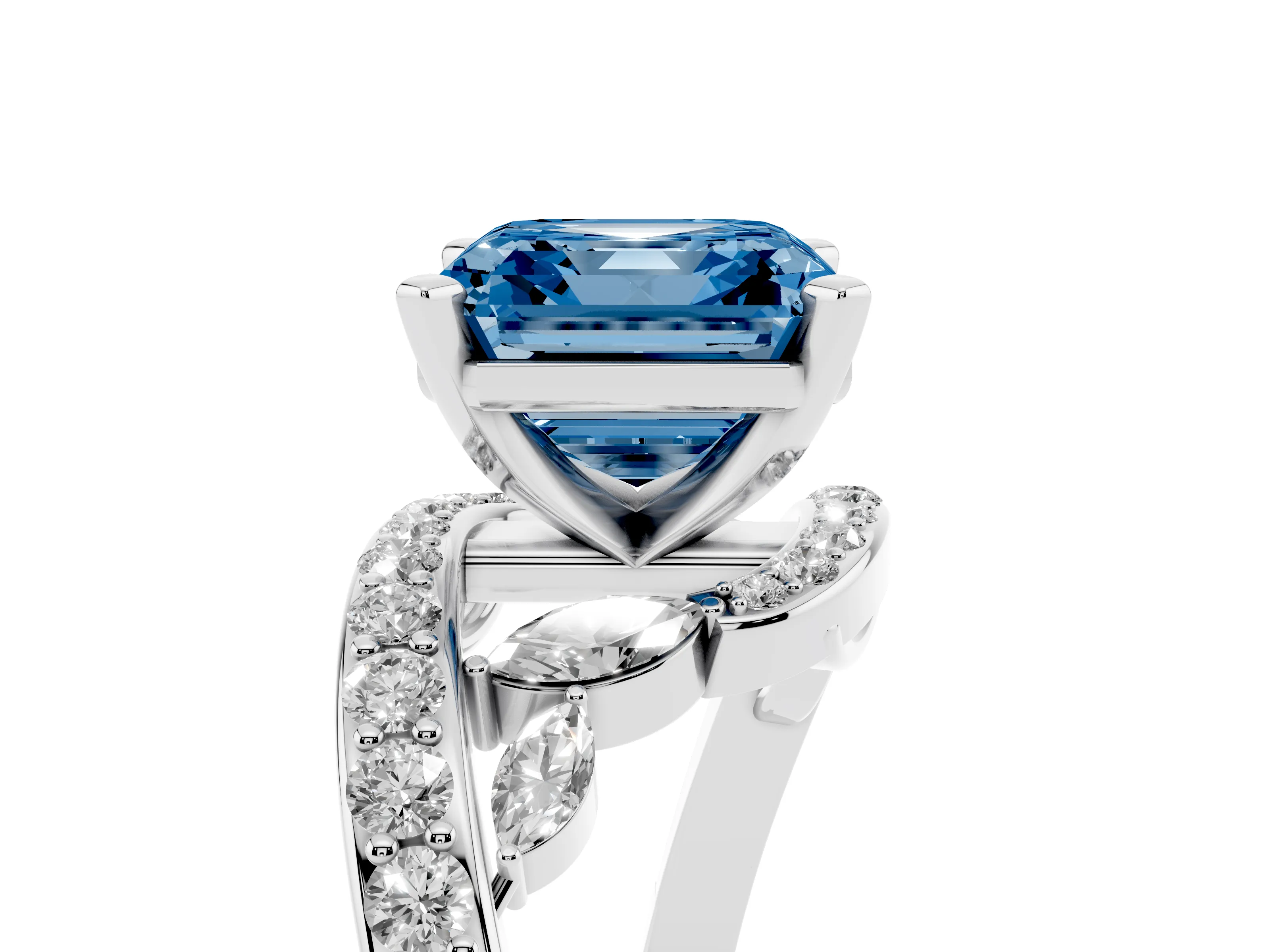 Fancy Blue Asscher Cut Diamond Solitaire Ring Set in Silver with Pavé Twist Band and Secure Prong Setting