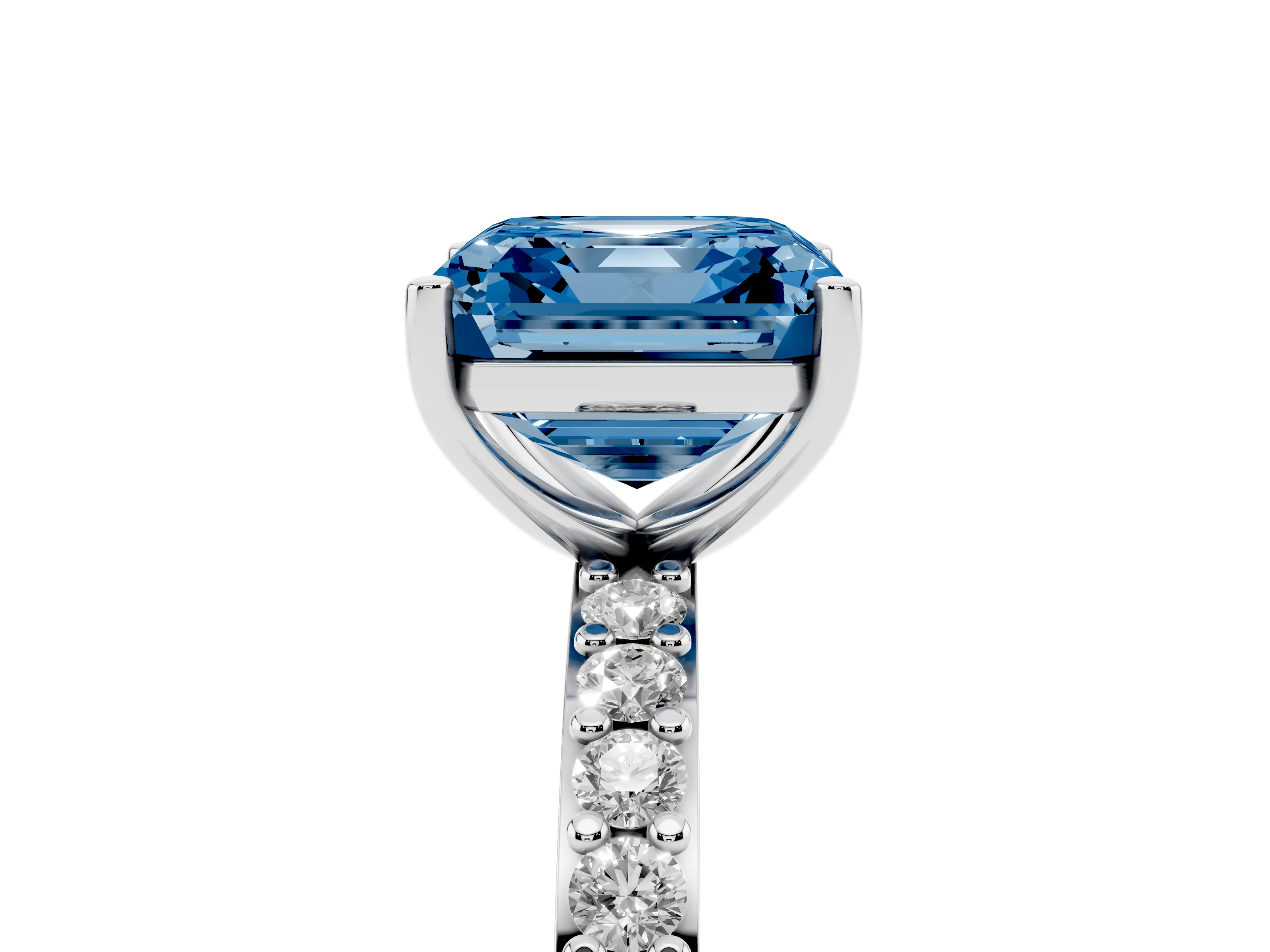 Fancy Blue Asscher Cut Diamond Solitaire Set in Silver with Round Pavé Band and Prong Setting