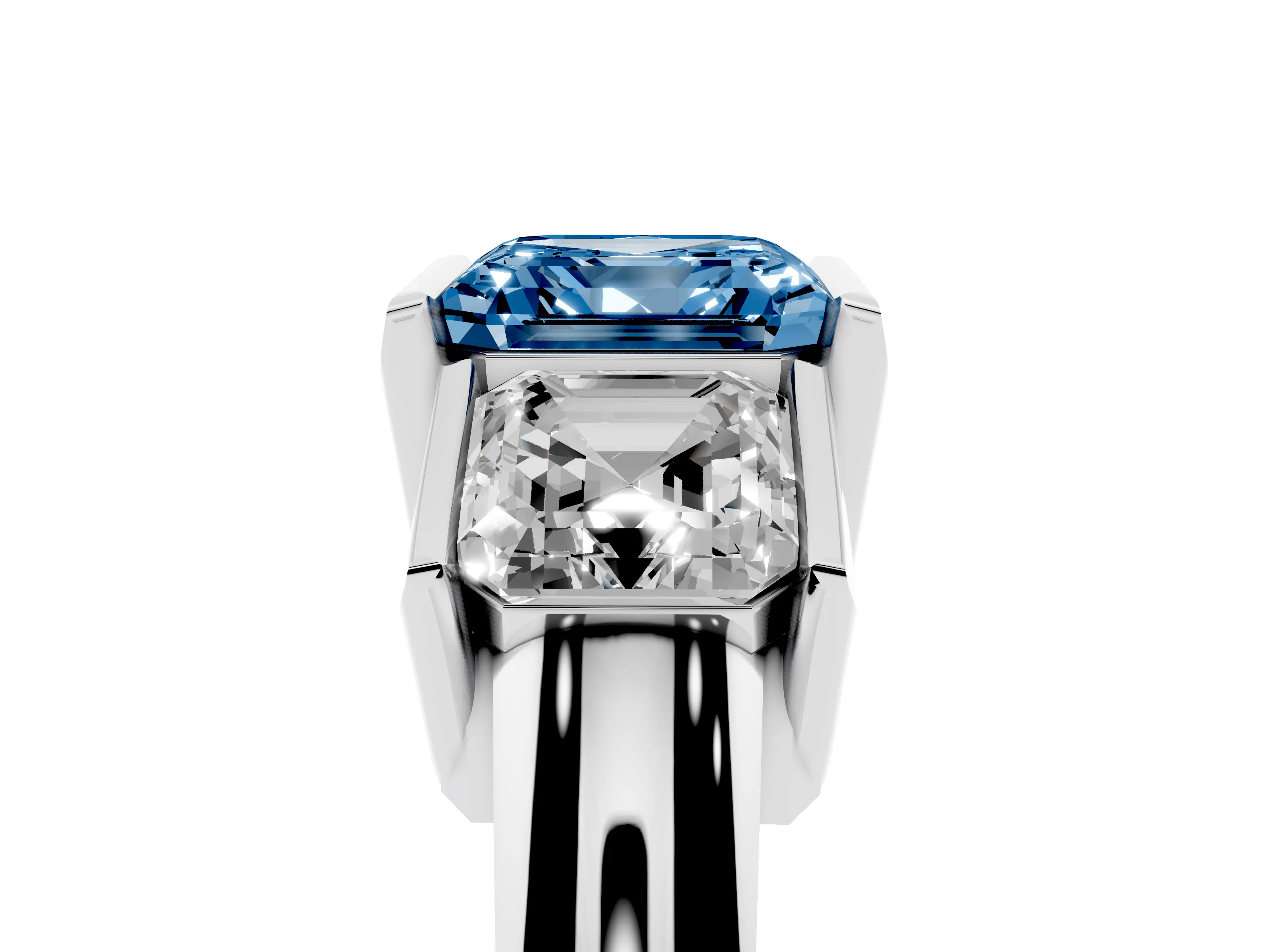 Fancy Blue Asscher Cut Diamond Three-Stone Channel Set Ring Set in White gold with Smooth Polished Band
