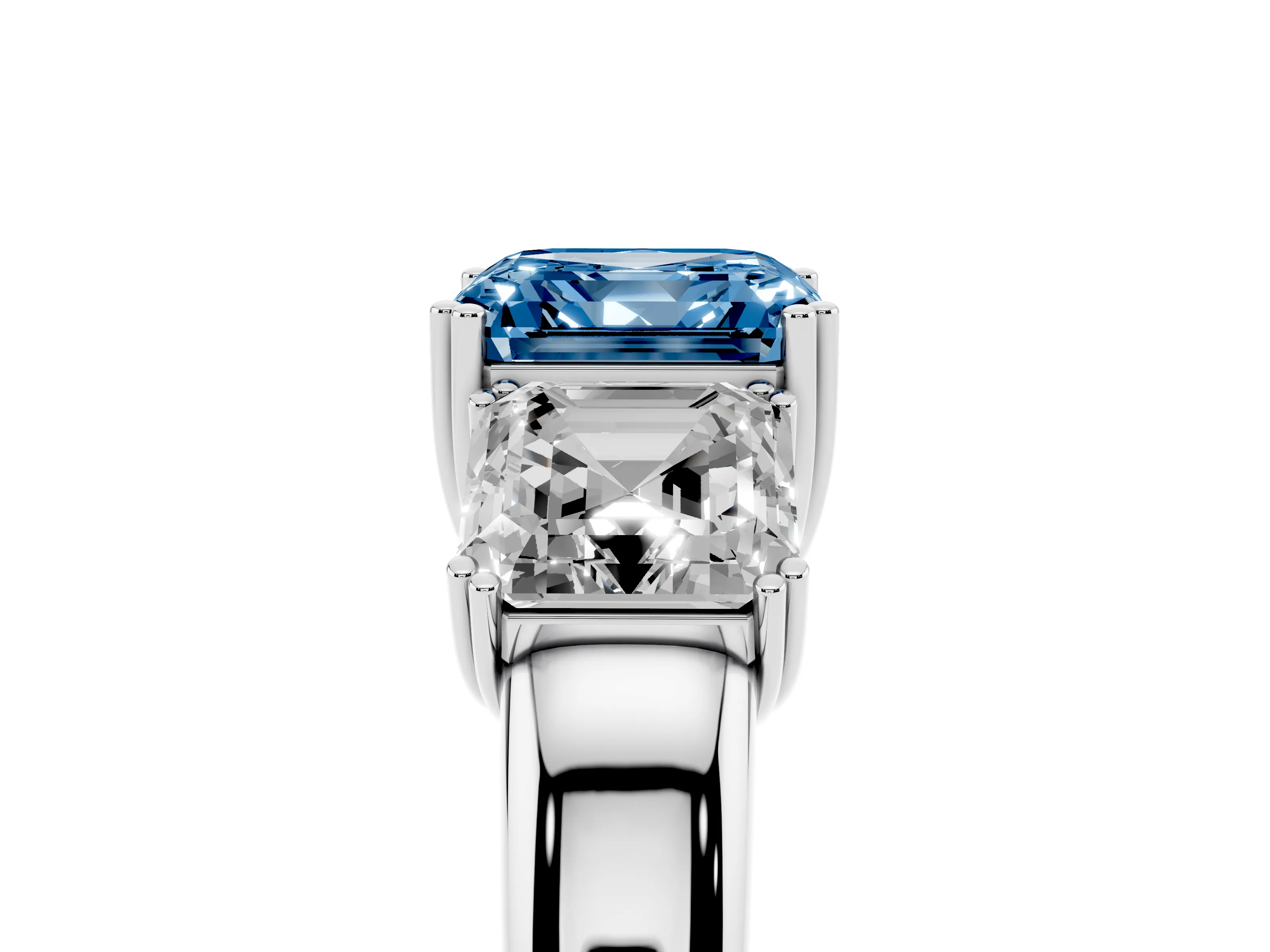 Fancy Blue Asscher Cut Diamond Three-Stone Ring Set in Silver with Polished Band and Prong Setting