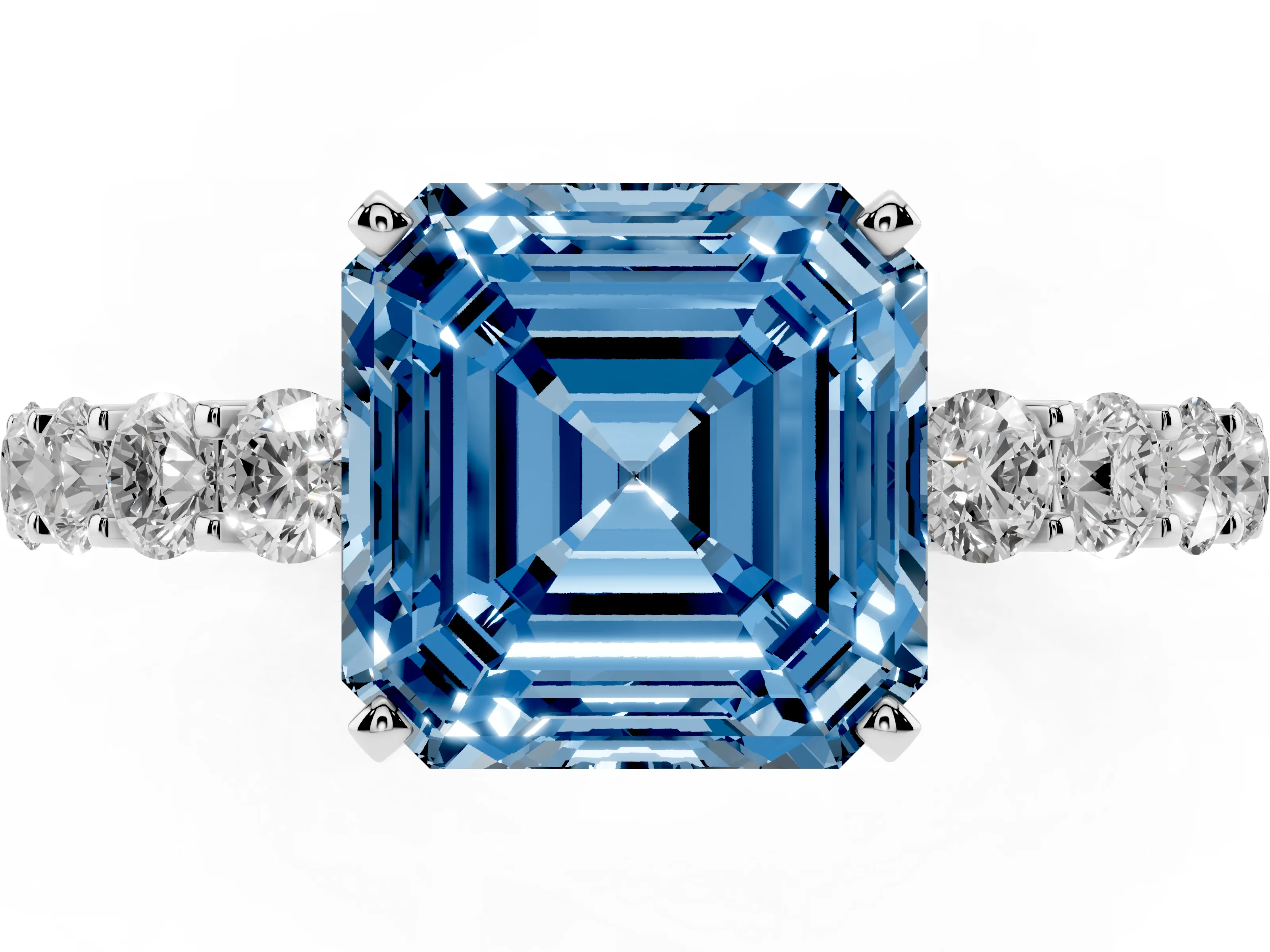 Fancy Blue Asscher Cut Diamond Solitaire Ring Set in Silver with Shared Prong Pavé Band
