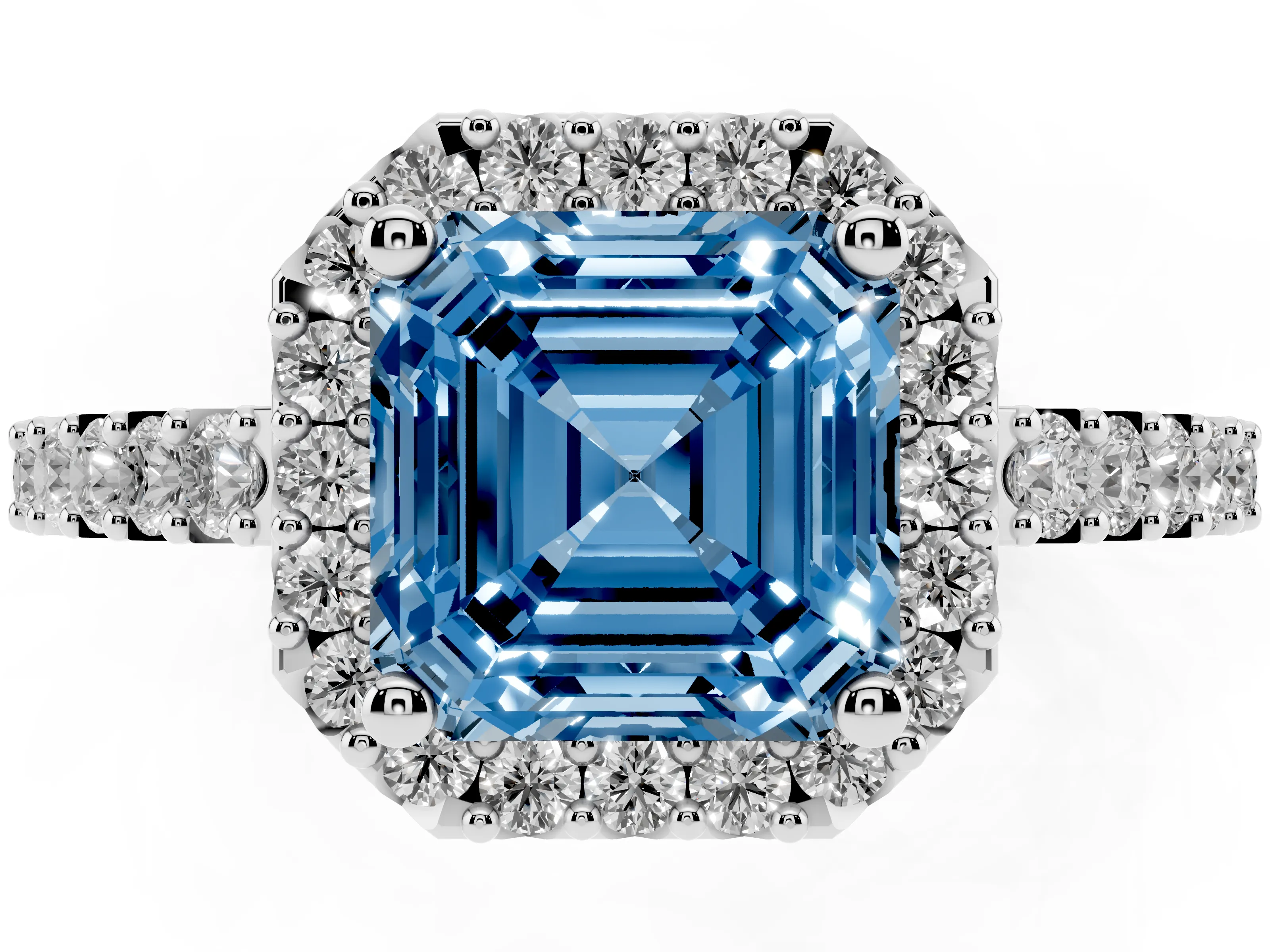 Fancy Blue Asscher Cut Diamond Halo Pavé Solitaire Ring Set in Platinum with Prong-Set Center Stone