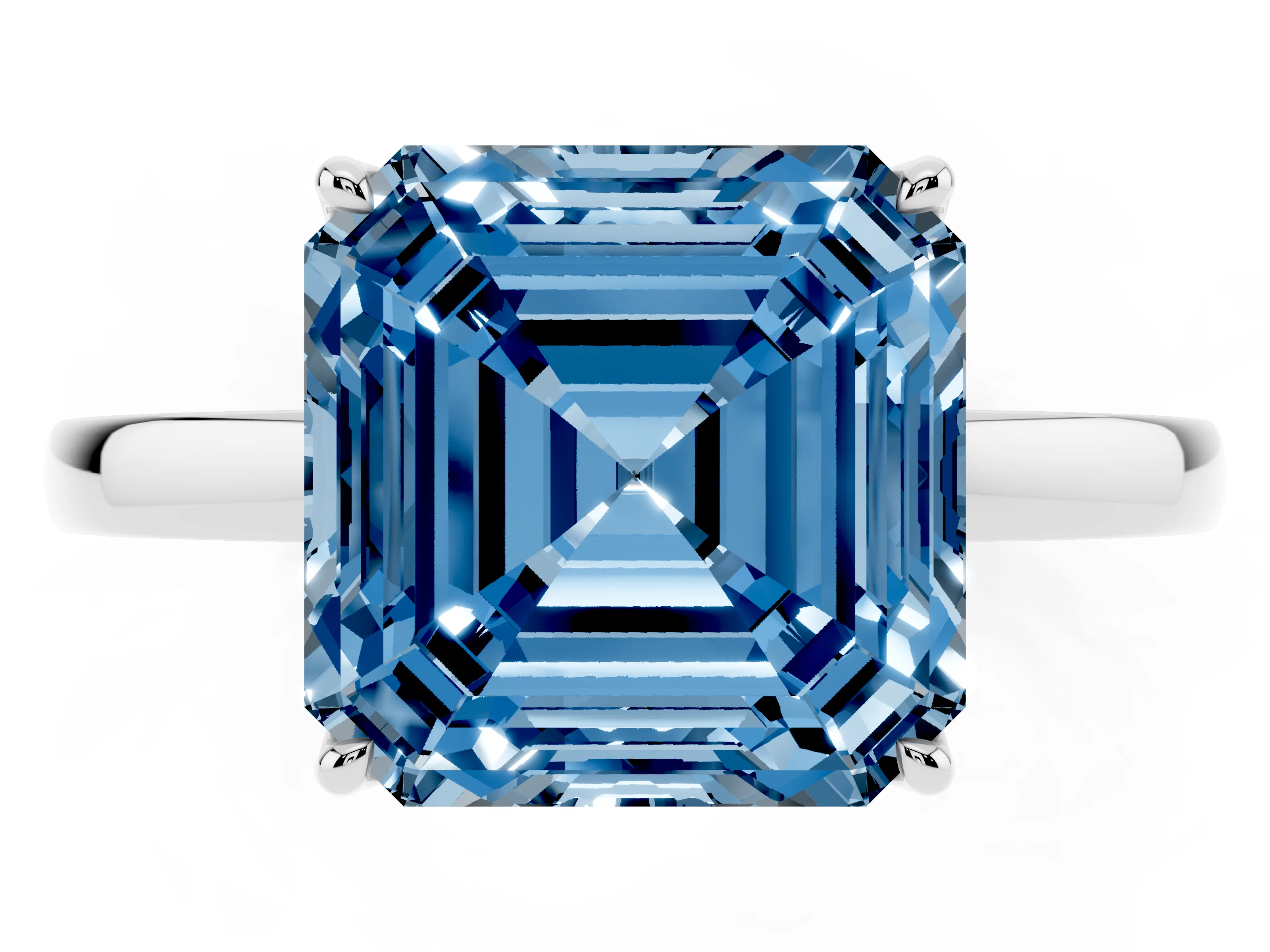 Fancy Blue Asscher Cut Diamond Solitaire Ring Set in Silver with Prong Setting and Thin Polished Band