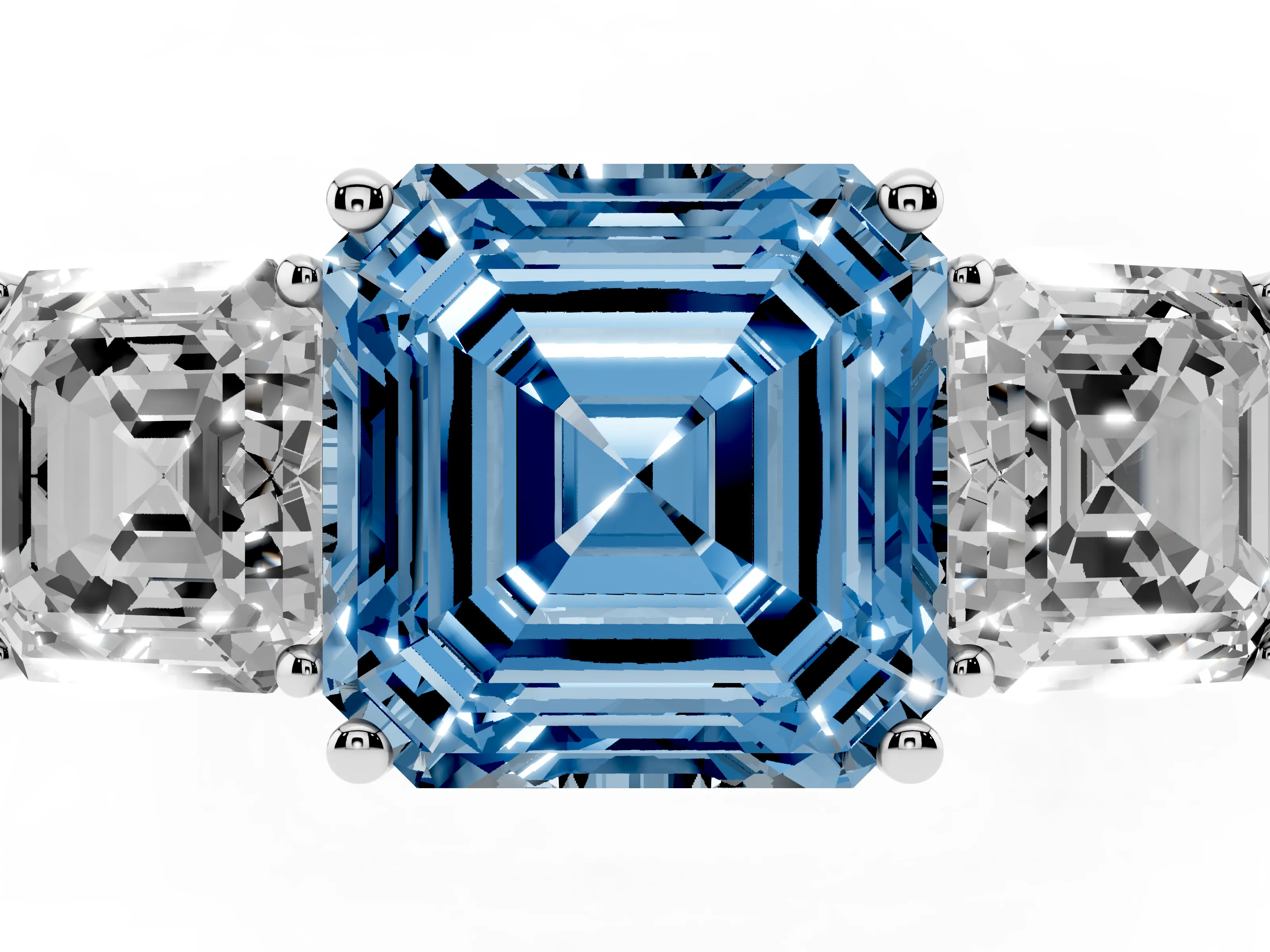 Fancy Blue Asscher Cut Diamond Three-Stone Engagement Ring Set in Platinum with Flat Band