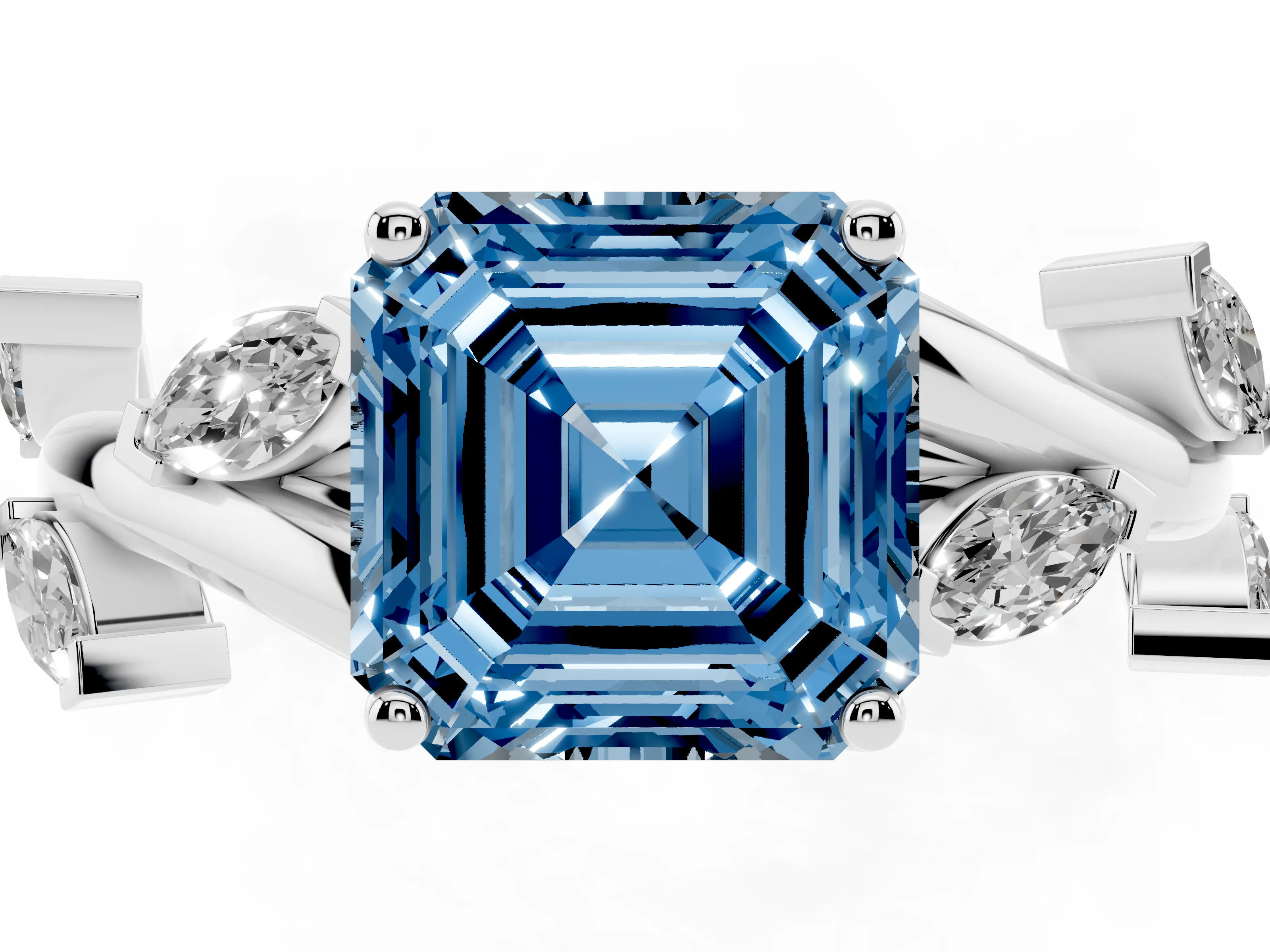 Fancy Blue Asscher Cut Diamond Solitaire Ring Set in White gold with Twisted Marquise Accent Band