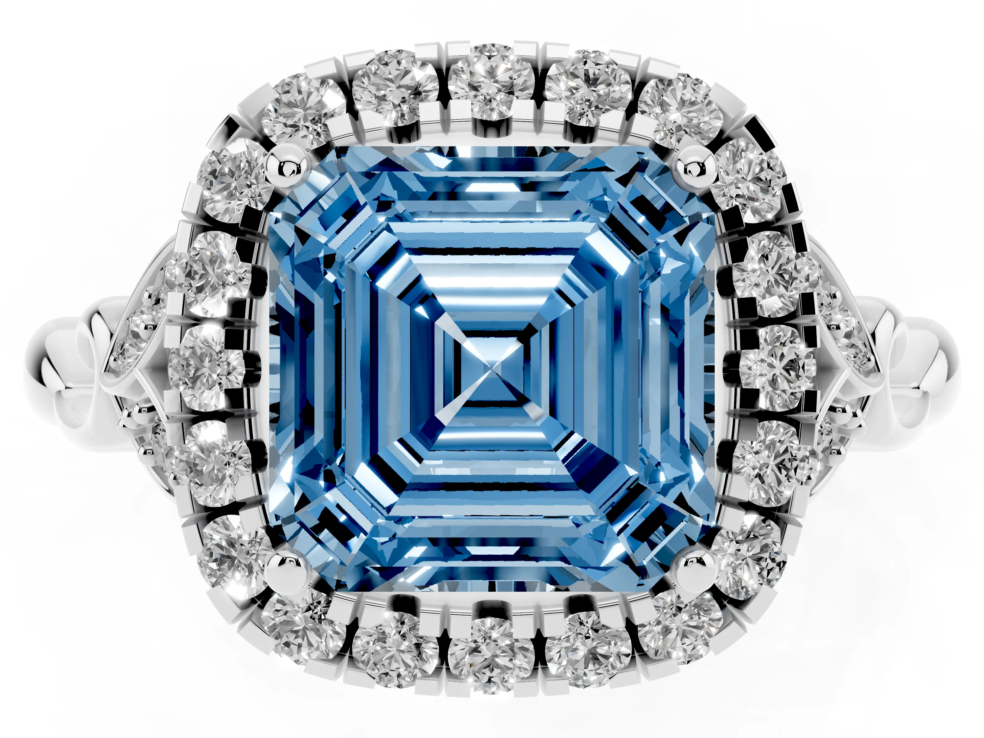 Fancy Blue Asscher Cut Diamond Halo Engagement Ring Set in Silver with Vintage-Inspired Band and Prong Setting