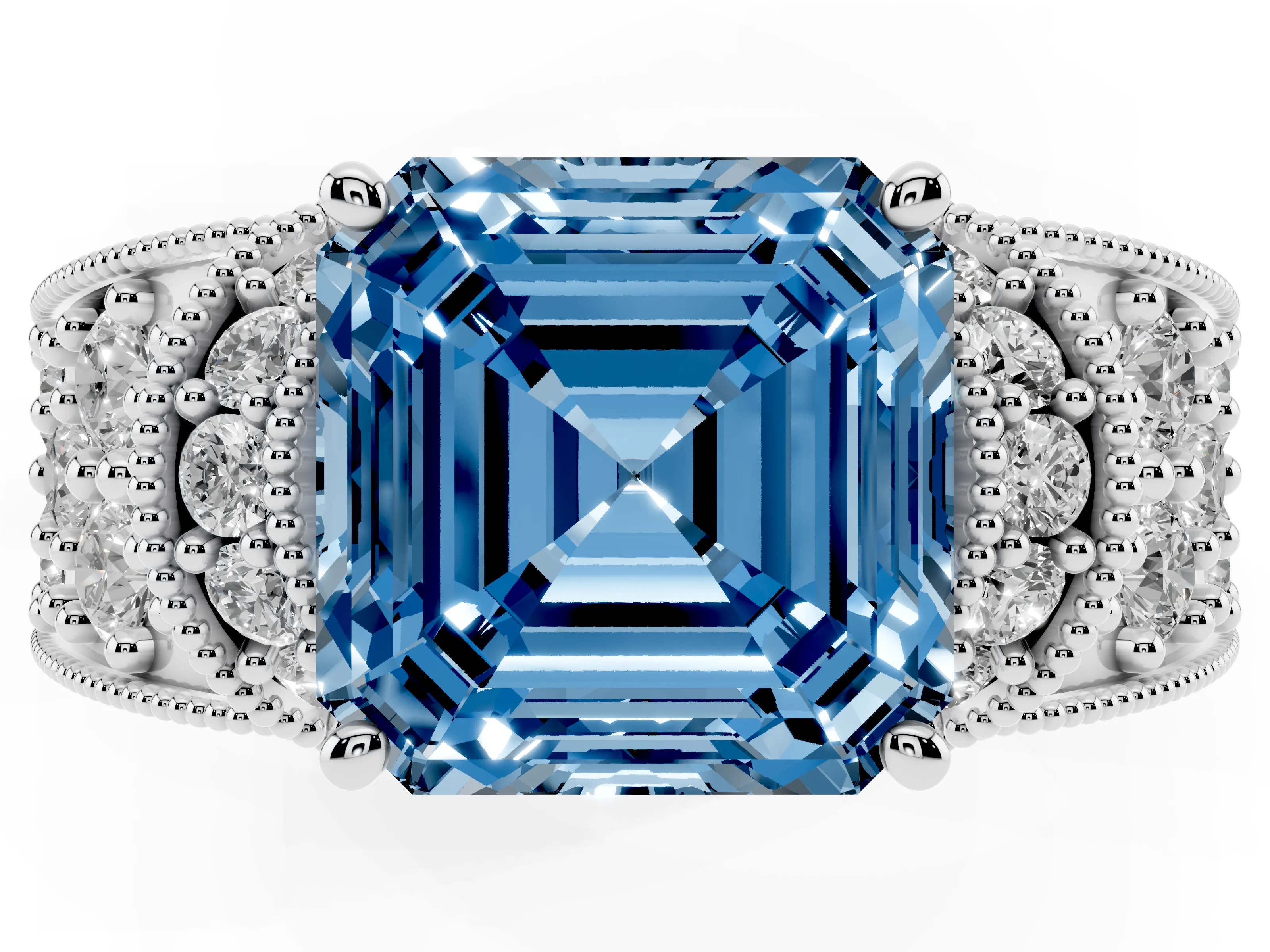 Fancy Blue Asscher Cut Diamond Milgrain Halo Pavé Engagement Ring Set in Silver with Prong Setting
